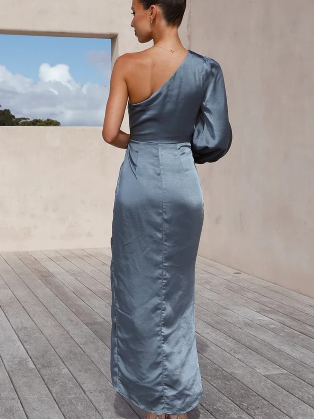 Grey Satin One Shoulder A-Line Midi Dress