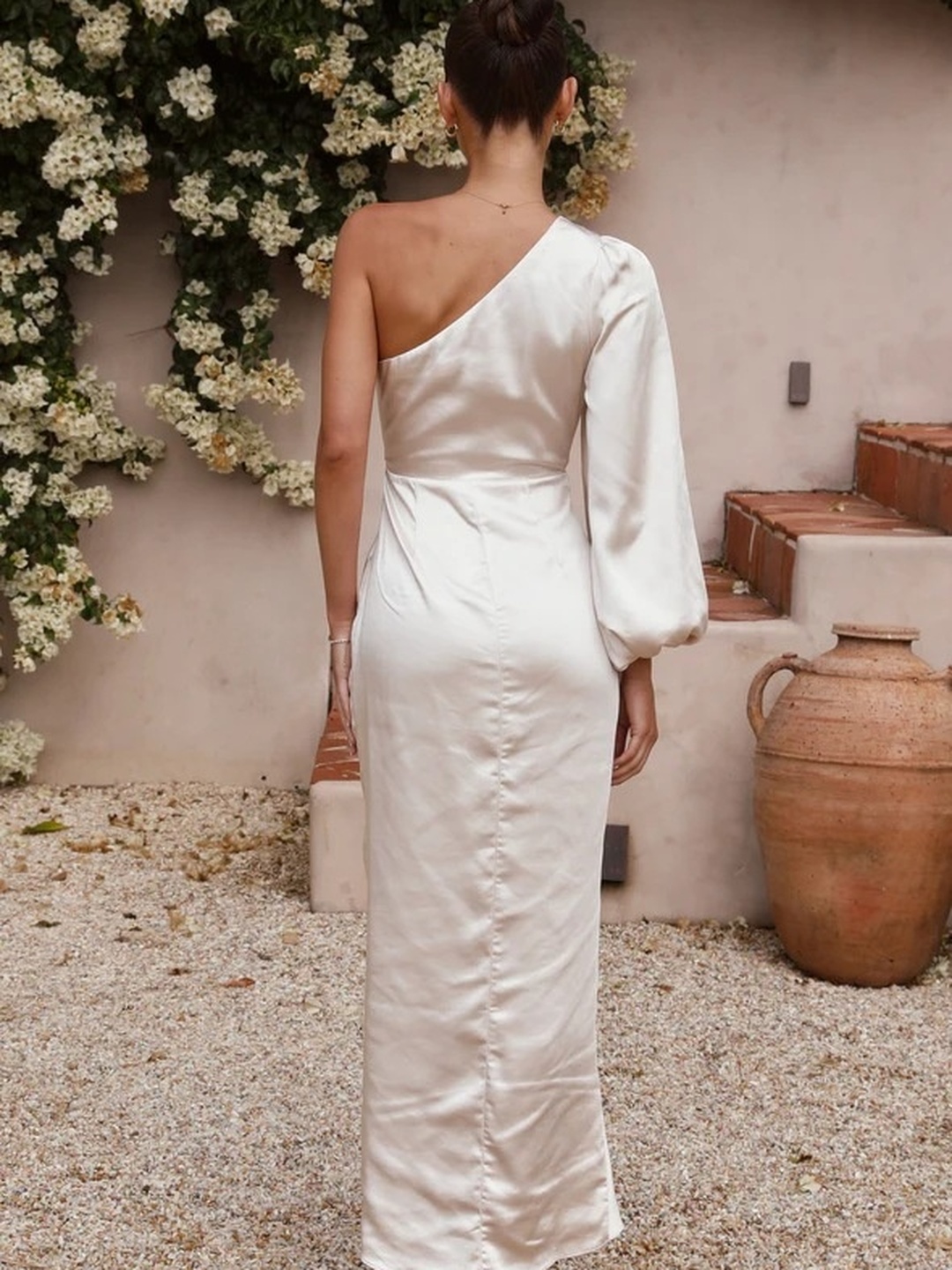 Off White Satin One Shoulder A-Line Midi Dress