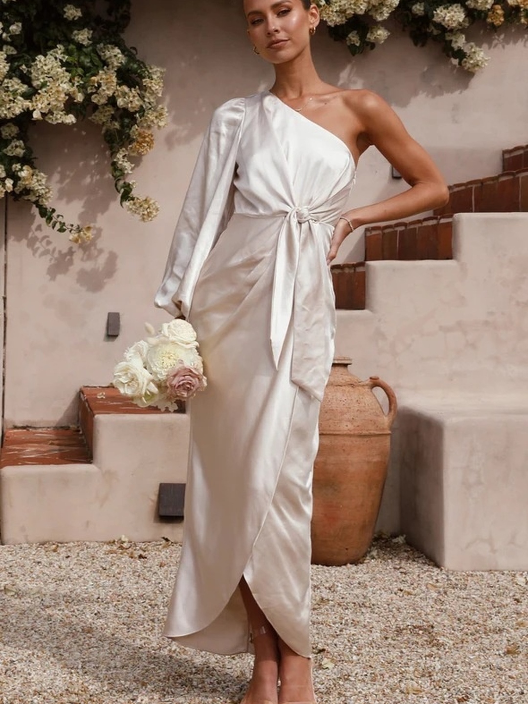 Off White Satin One Shoulder A-Line Midi Dress