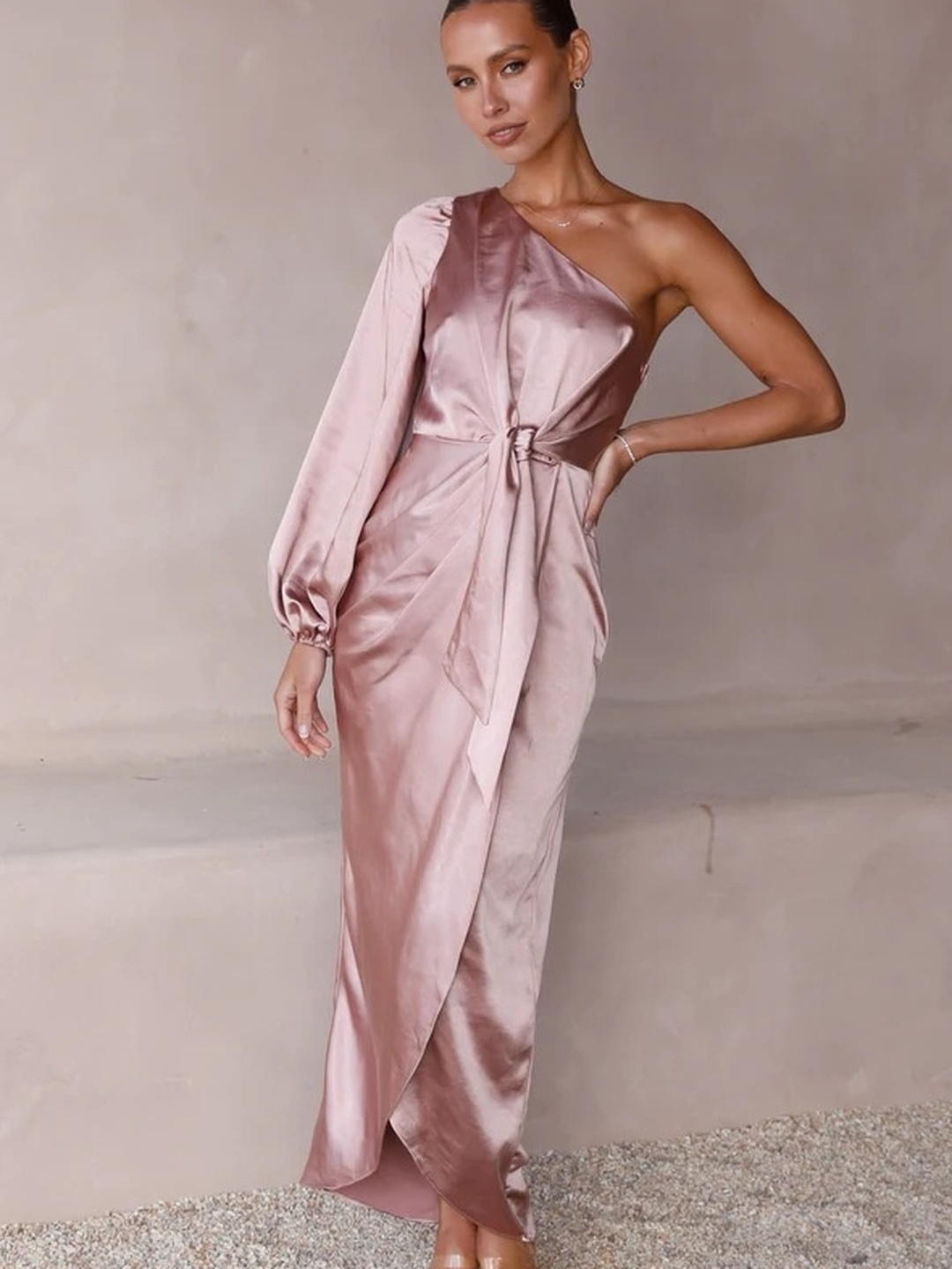 Pink Satin One Shoulder A-Line Midi Dress