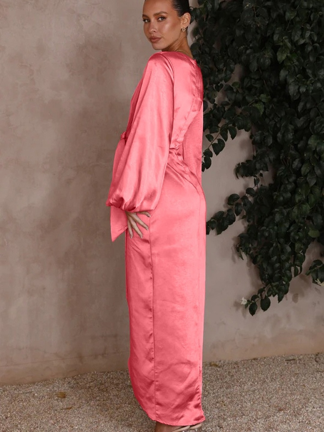 Peach Solid V Neck Asymmetric Hem Wrap Dress
