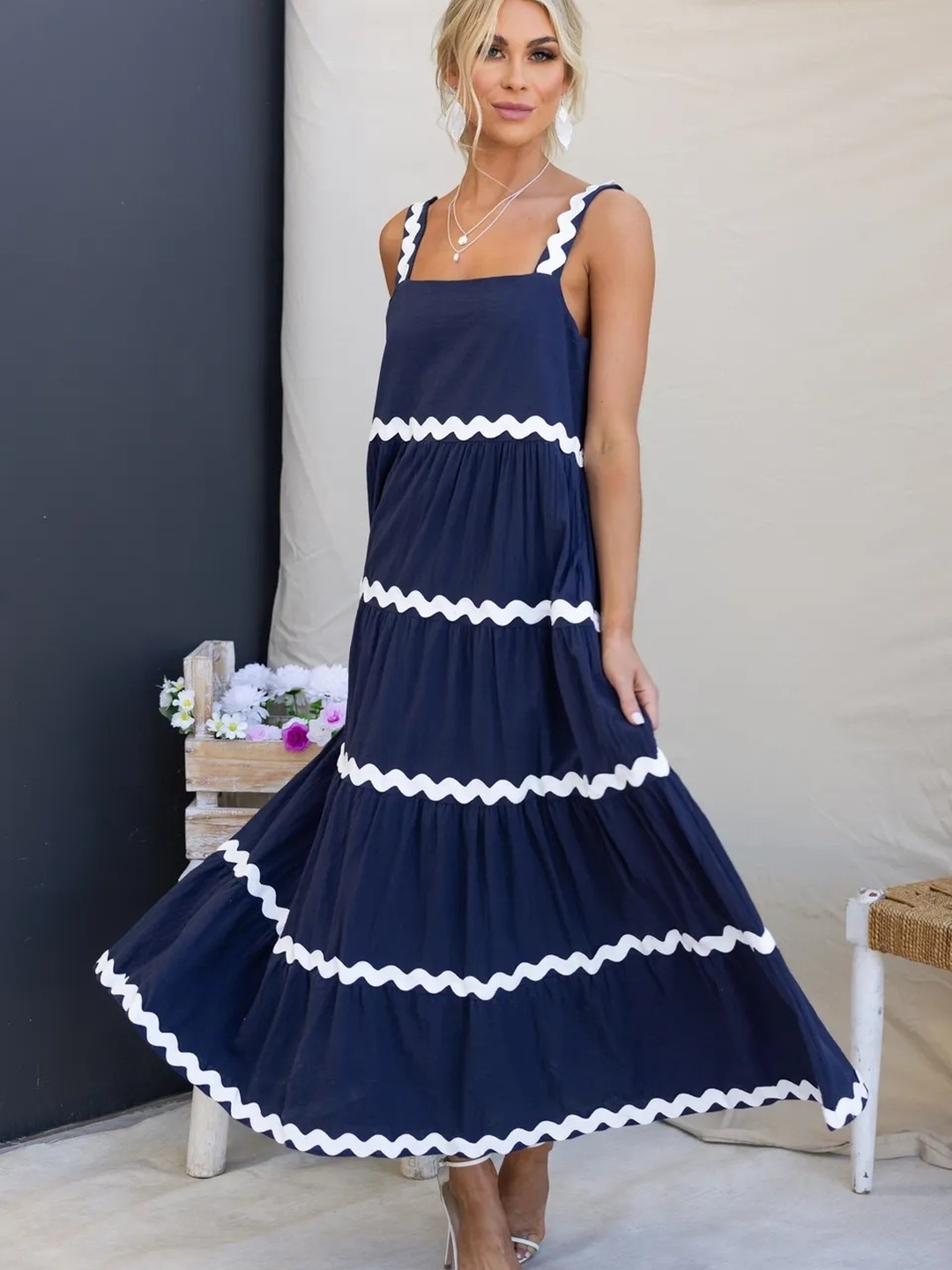 Dark Blue Ric-Rac Trim Tiered Maxi Dress