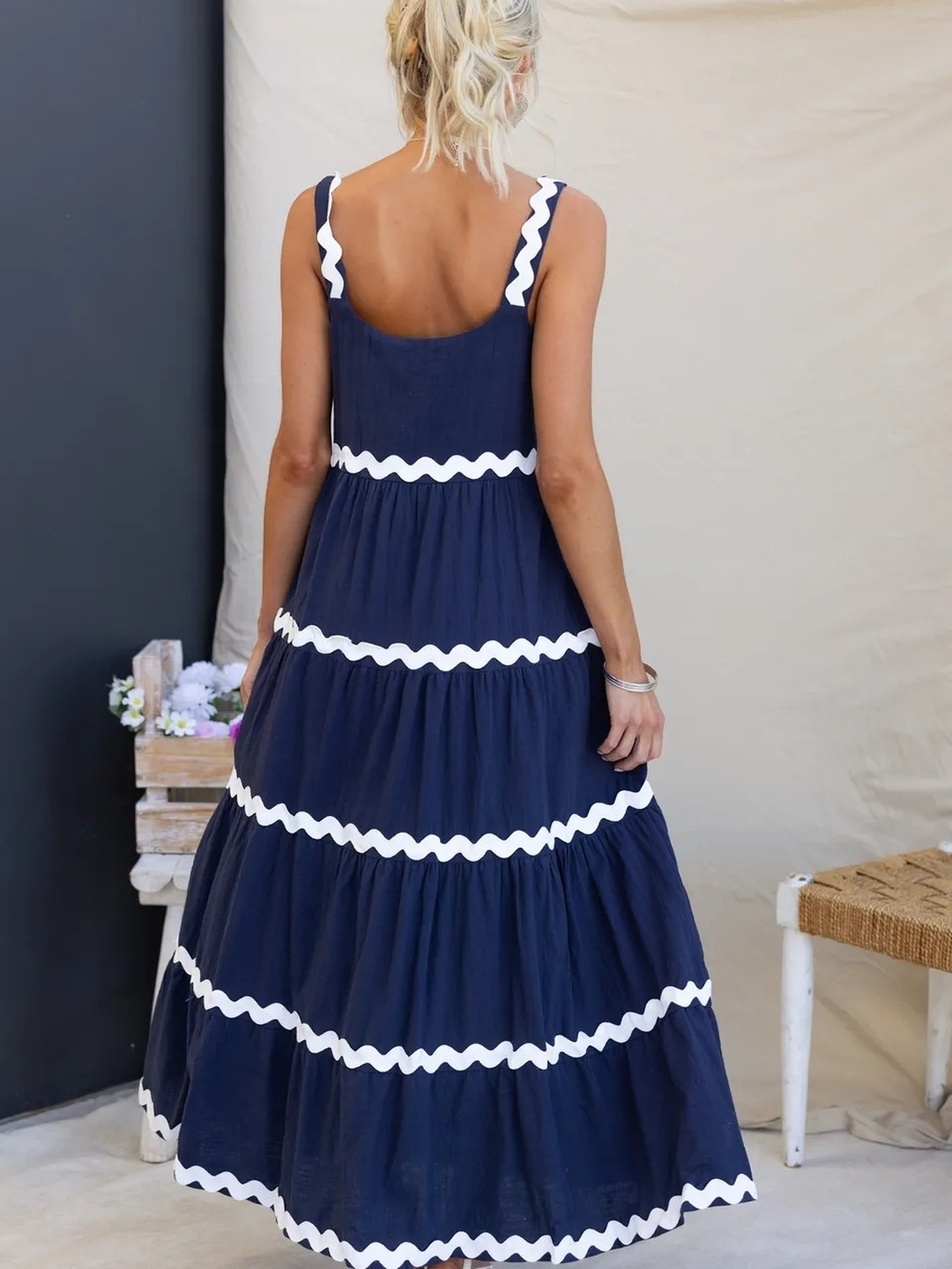 Dark Blue Ric-Rac Trim Tiered Maxi Dress