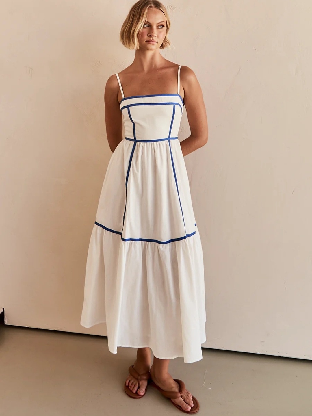 White Contrast Trim Strappy A-Line Midi Dress