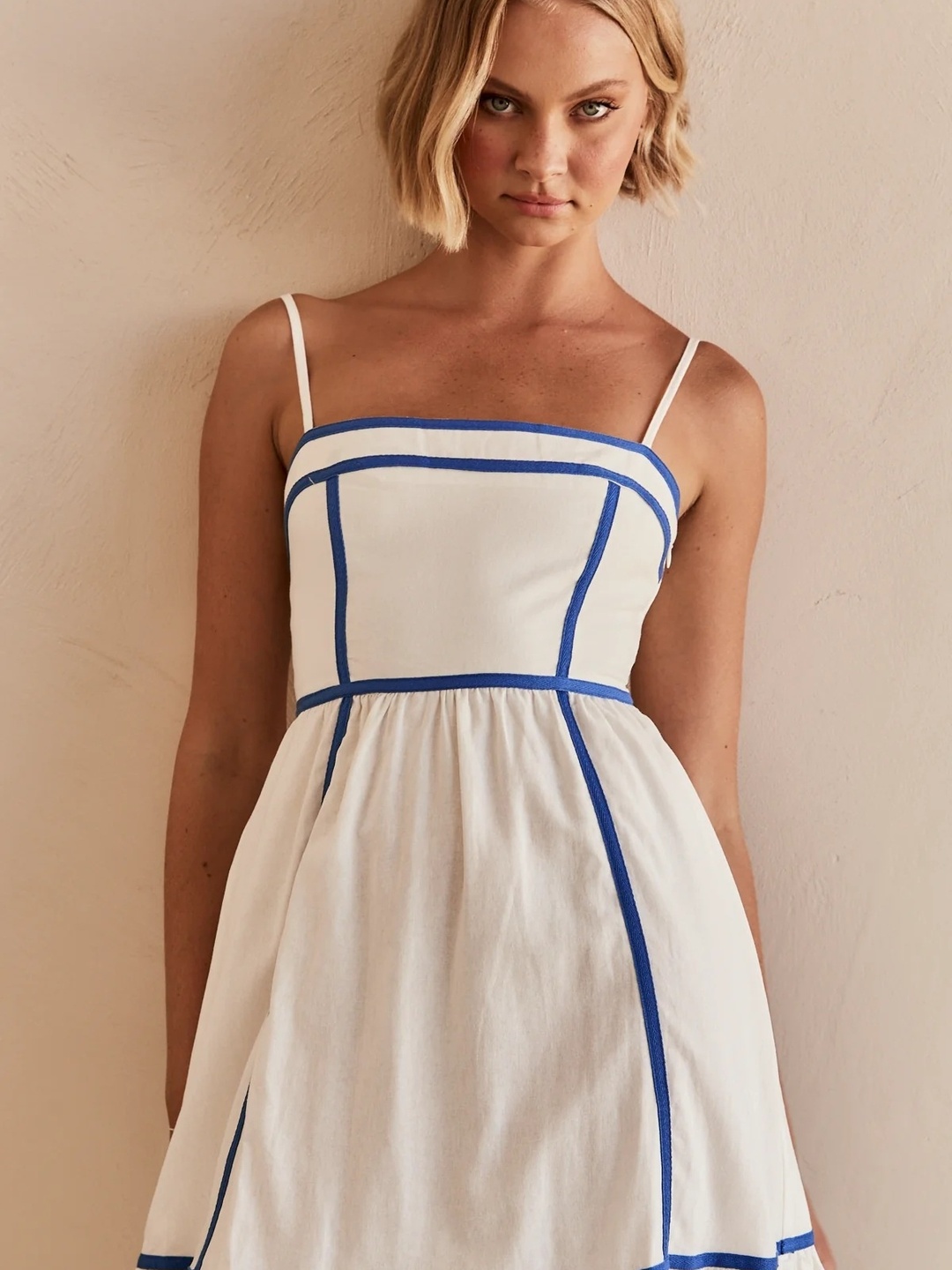 White Contrast Trim Strappy A-Line Midi Dress