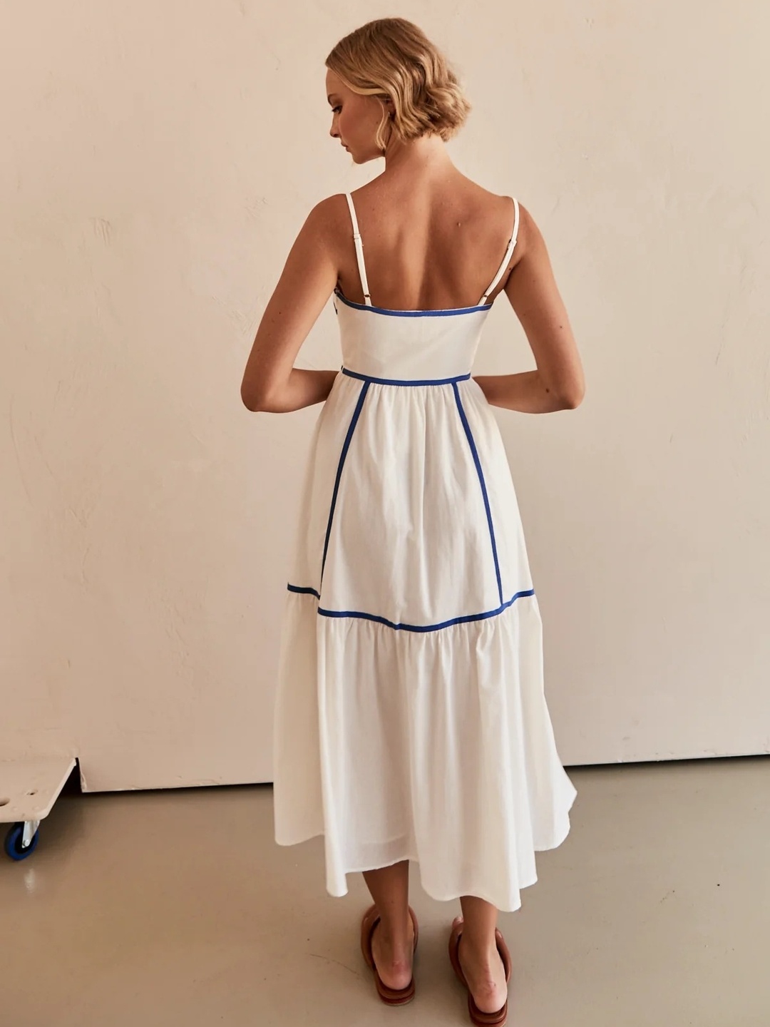White Contrast Trim Strappy A-Line Midi Dress