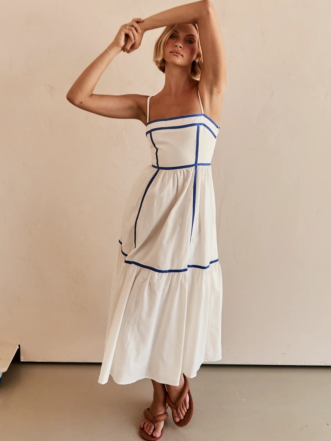 White Contrast Trim Strappy A-Line Midi Dress