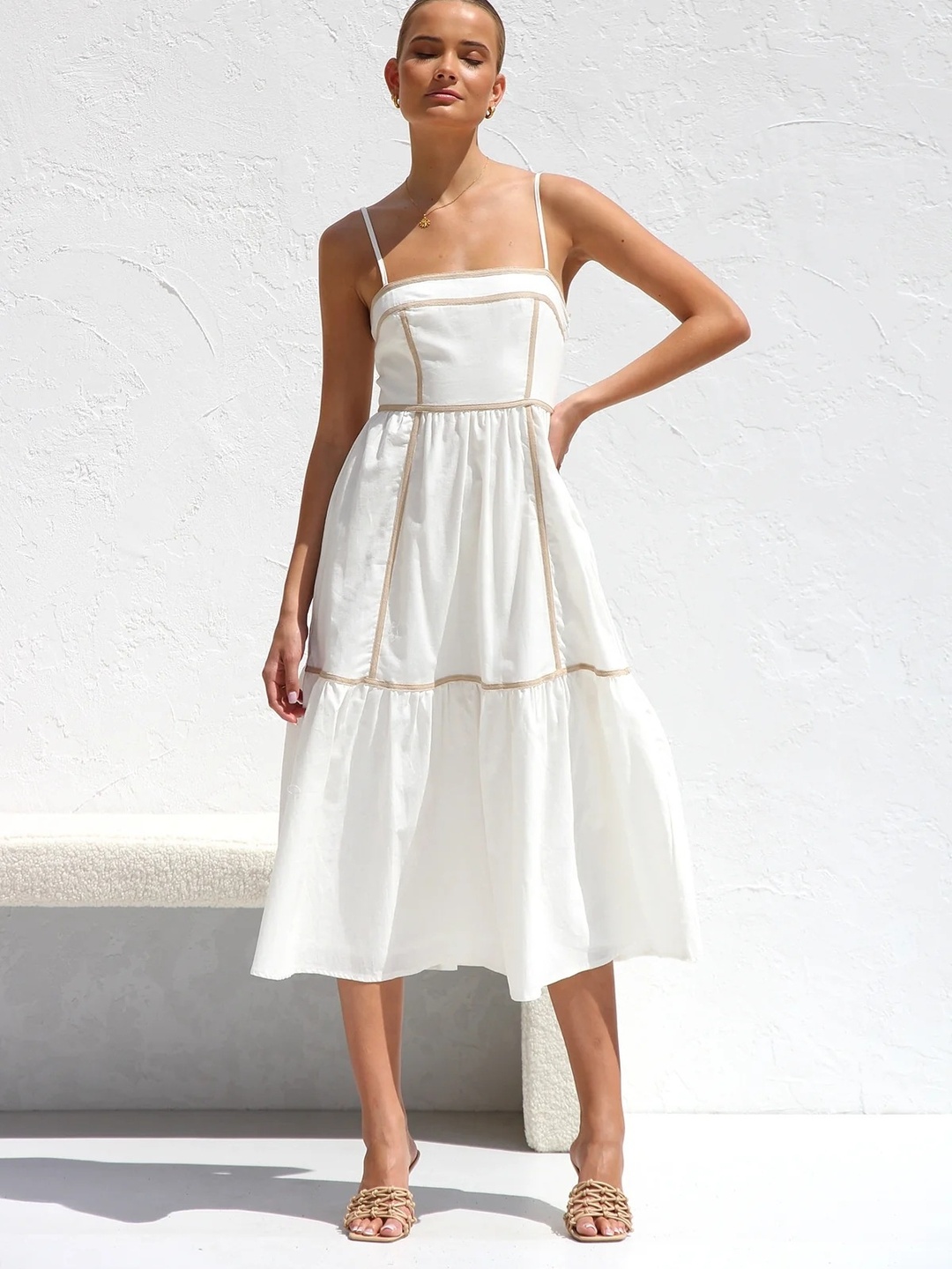 Off-White Contrast Trim Strappy A-Line Midi Dress