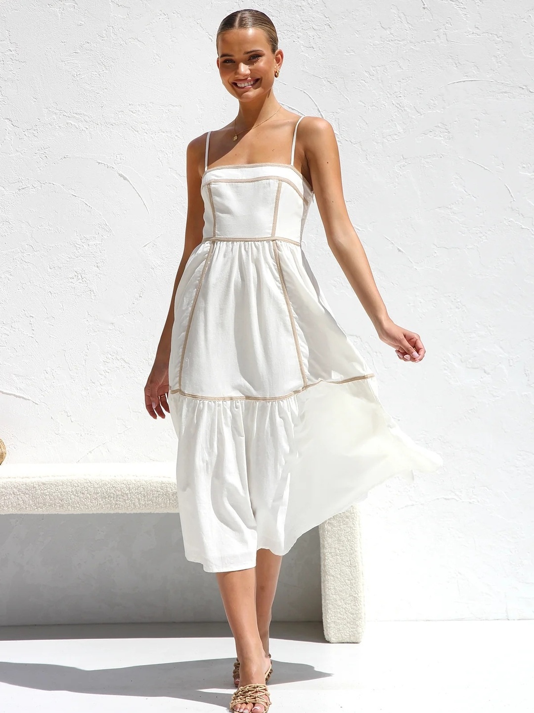 Off-White Contrast Trim Strappy A-Line Midi Dress