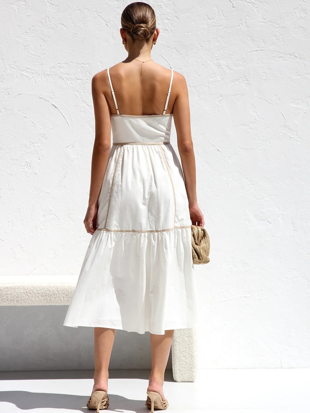 Off-White Contrast Trim Strappy A-Line Midi Dress