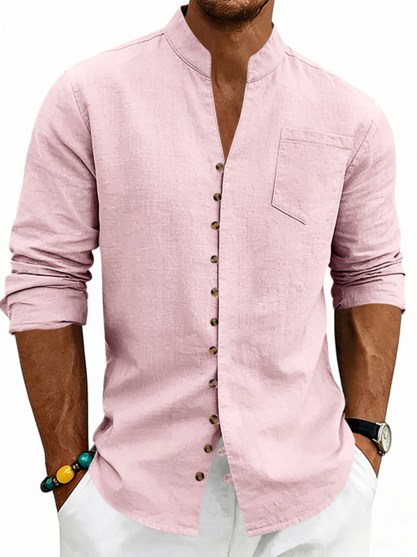 Men Linen Casual Shirt with Button Loop