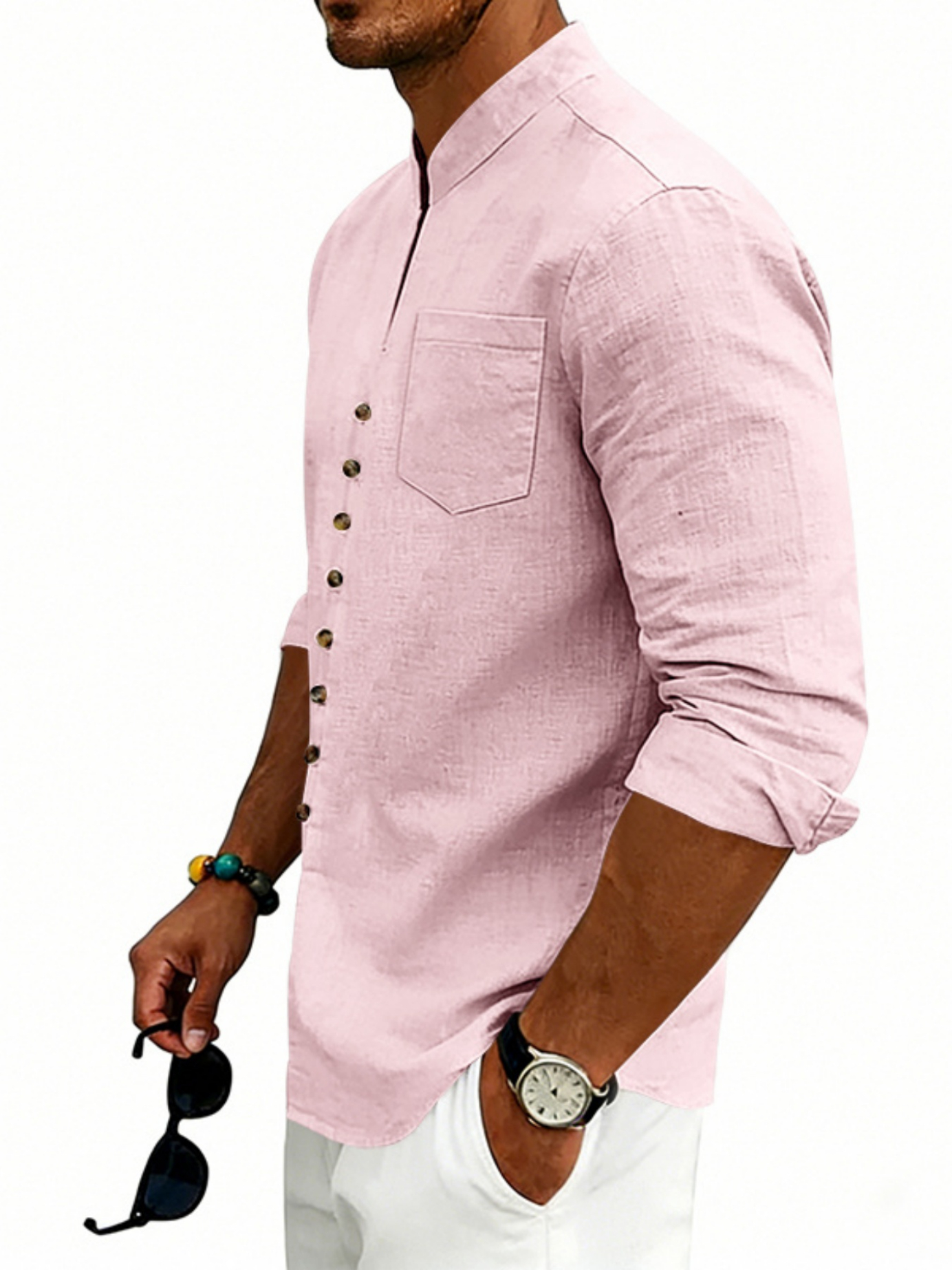 Men Linen Casual Shirt with Button Loop
