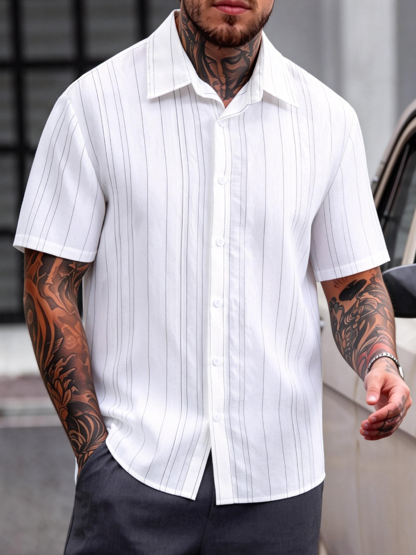 Men Pinstriped Short Sleeve Shirt