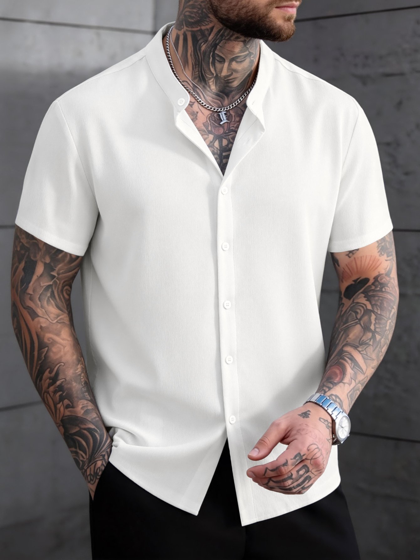 Men Stand Collar Slim Fit Casual Shirt