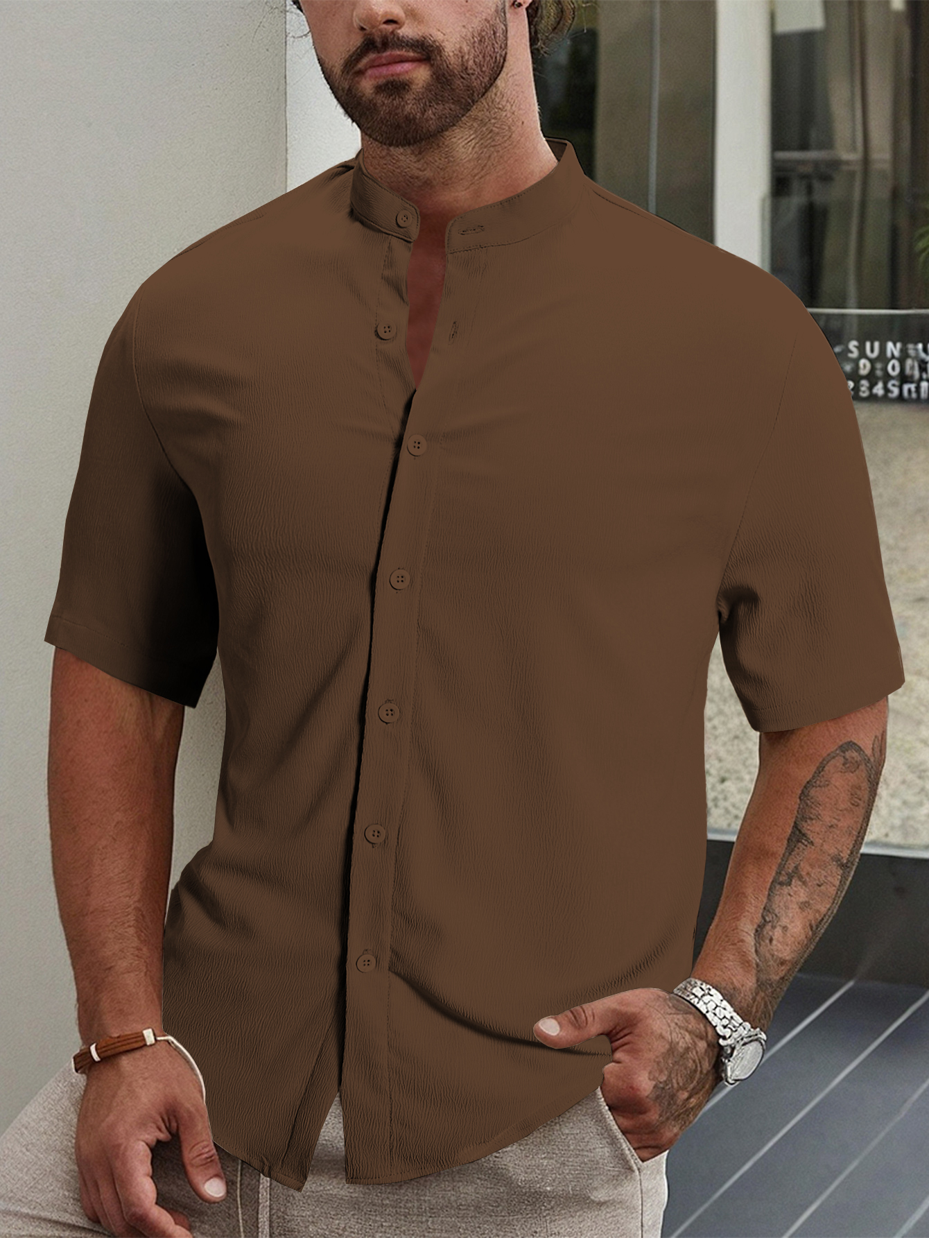 Men Stand Collar Slim Fit Casual Shirt