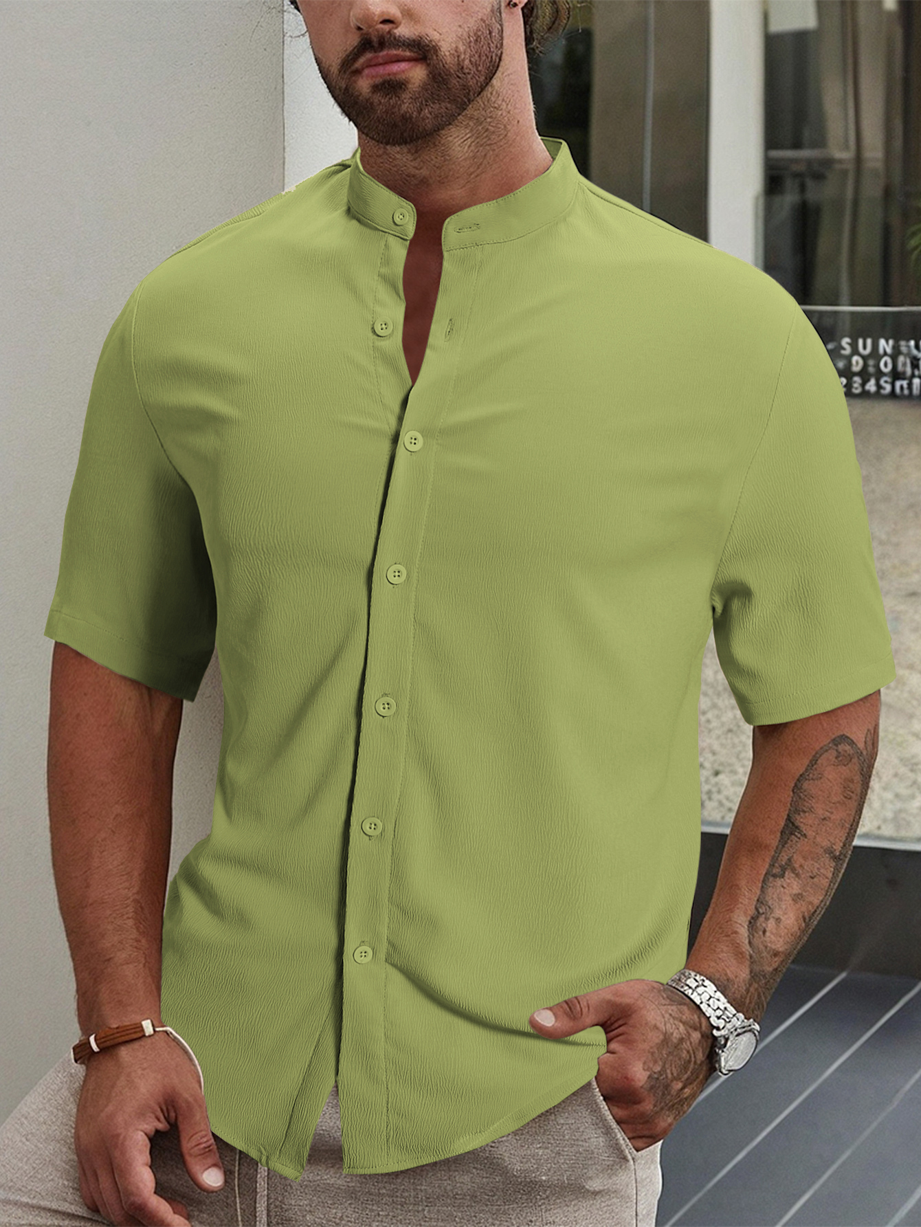 Men Stand Collar Slim Fit Casual Shirt