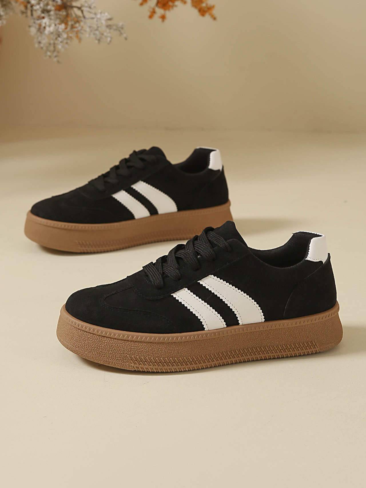 Women Black Flat Sneakers with White Stripes