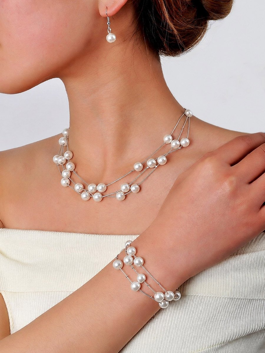 Silver 4-Piece Chain and Faux Pearl Necklace and Bracelet Set