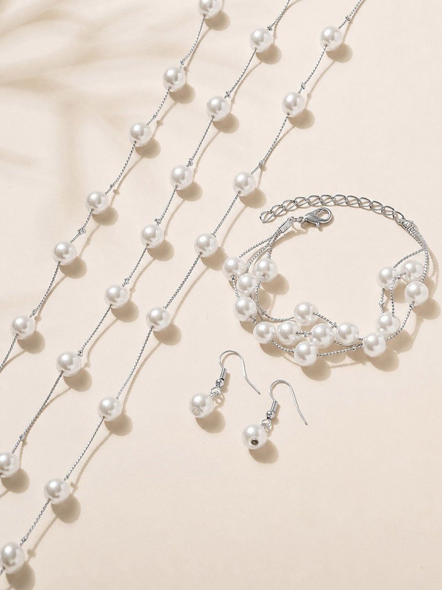 Silver 4-Piece Chain and Faux Pearl Necklace and Bracelet Set