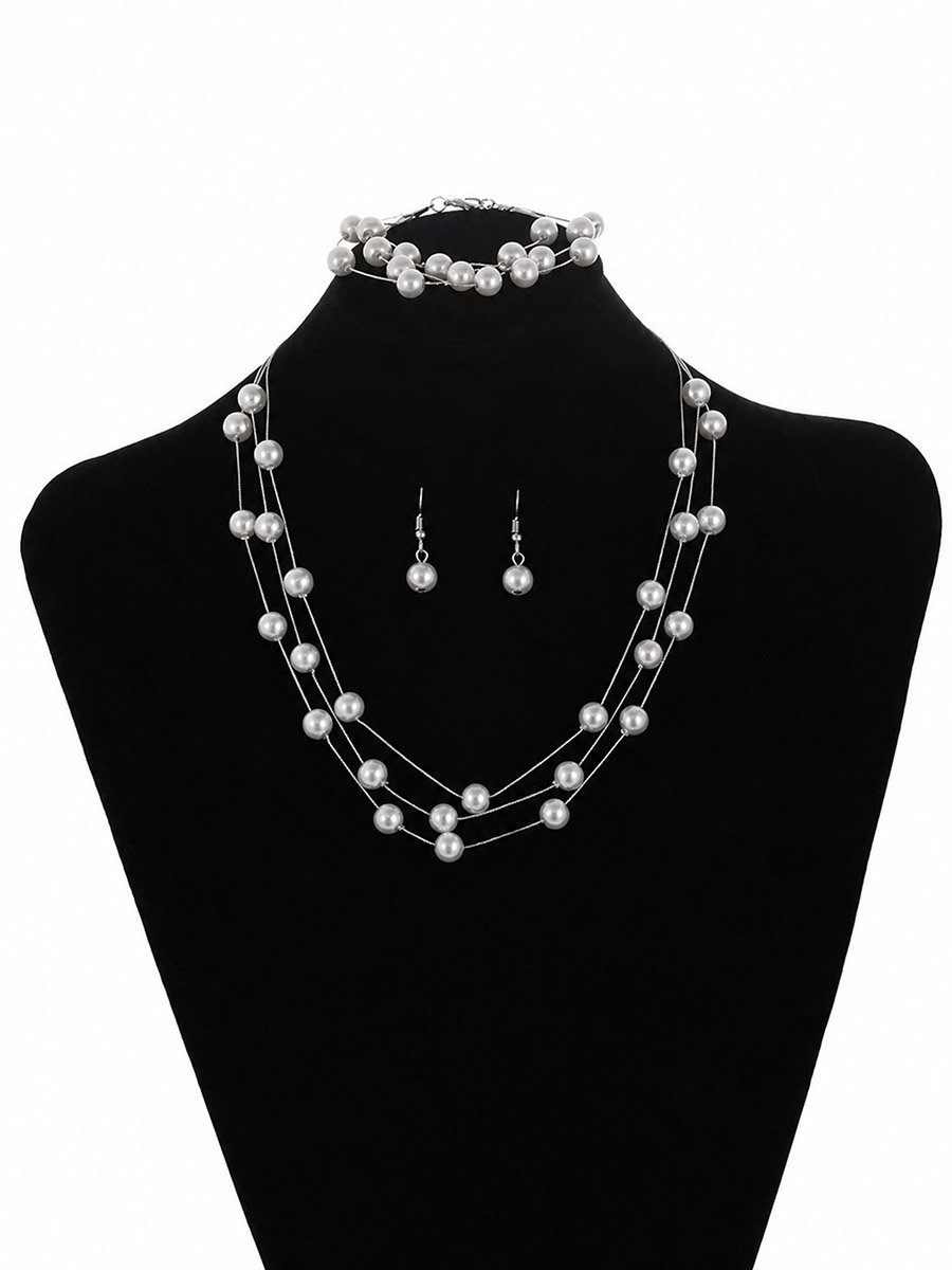 Silver 4-Piece Chain and Faux Pearl Necklace and Bracelet Set