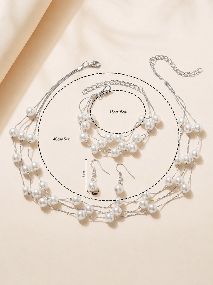 Silver 4-Piece Chain and Faux Pearl Necklace and Bracelet Set