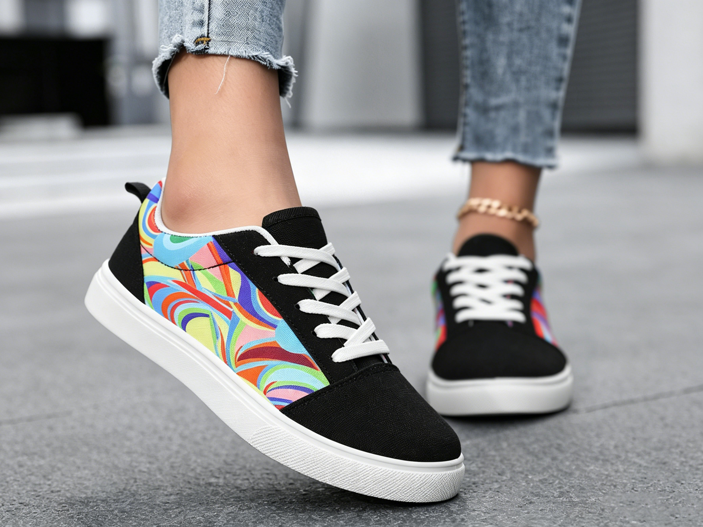 Womens Black Canvas Flat Casual Shoes