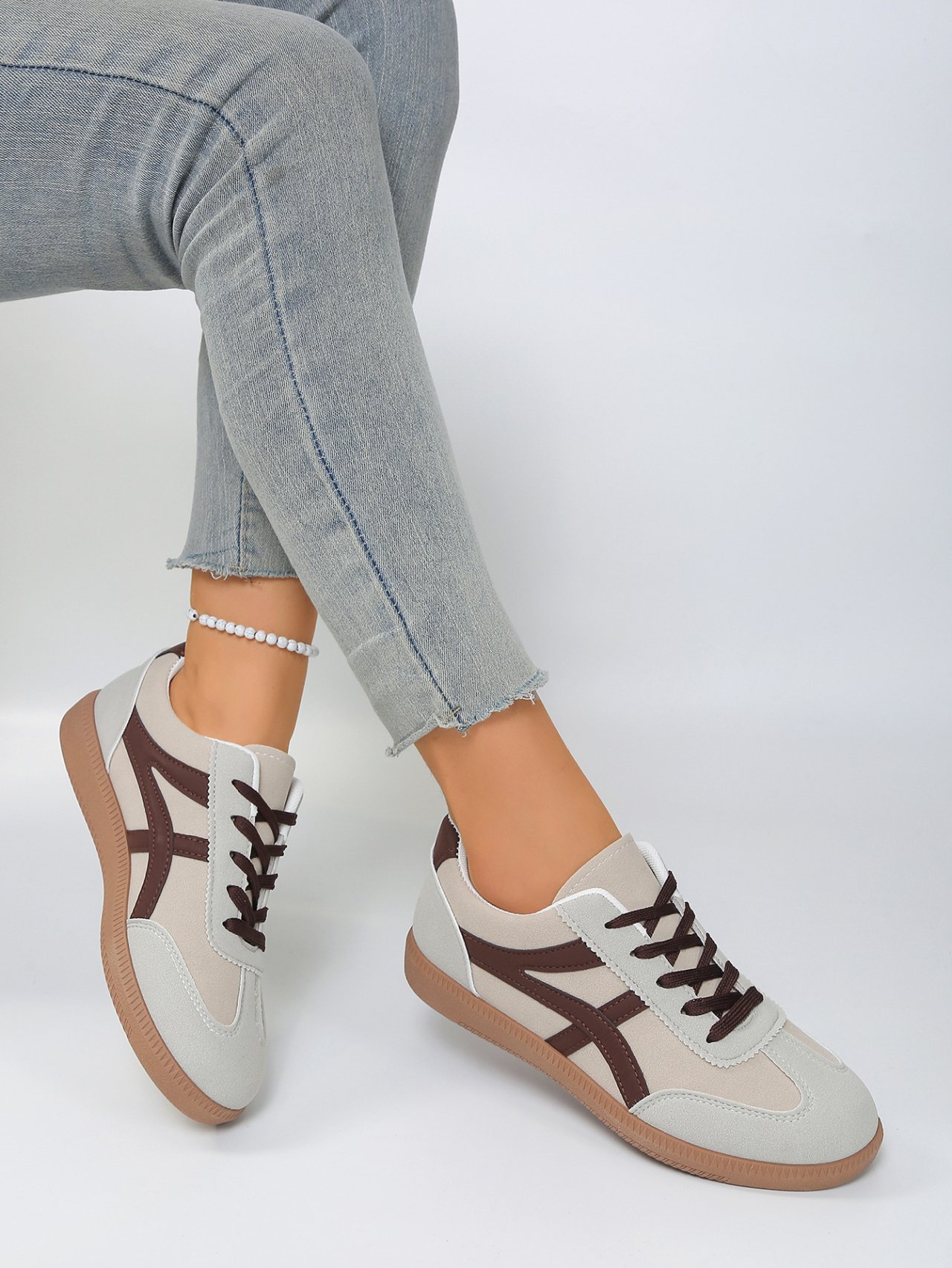 Women Beige Flat Lace-Up Sneakers
