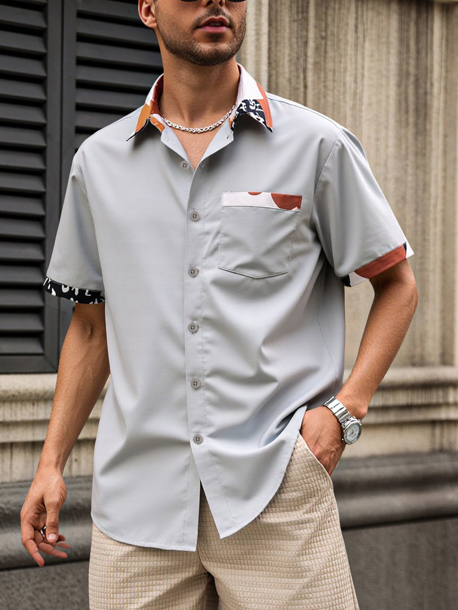 Men Casual Short Sleeve Shirt with Printed Trim