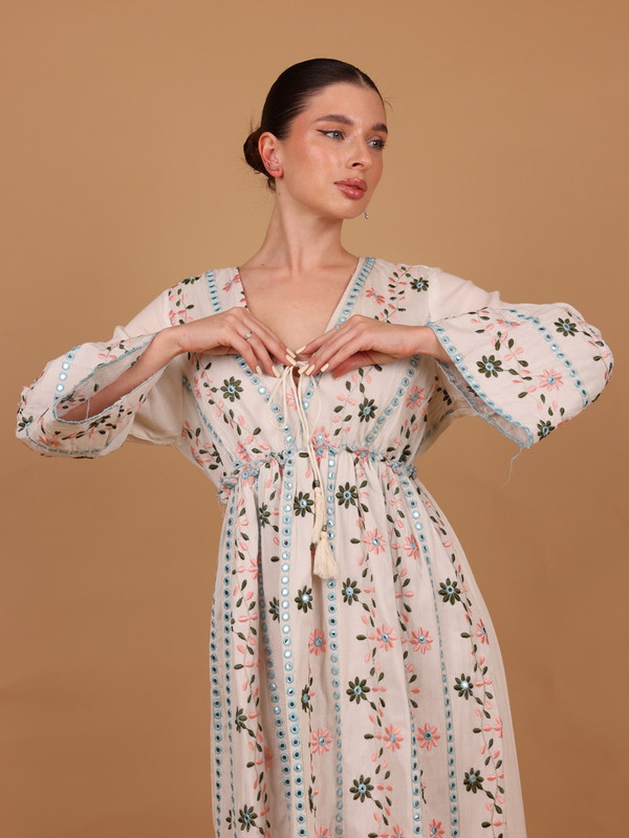 Lina Embroidered Mirror Work A-Line Maxi Dress