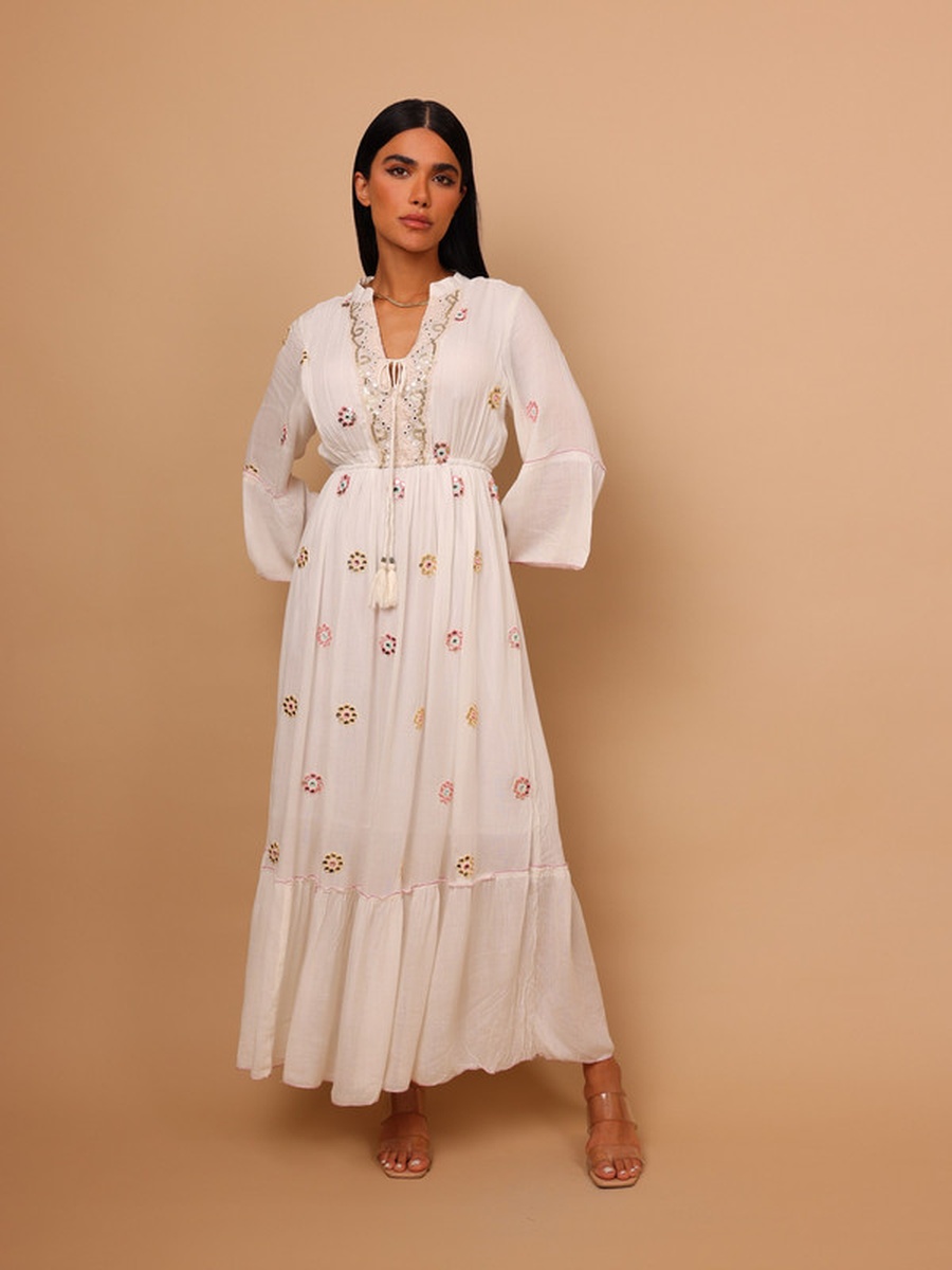 Rania Mirror-Work Eyelet A-Line Maxi Dress