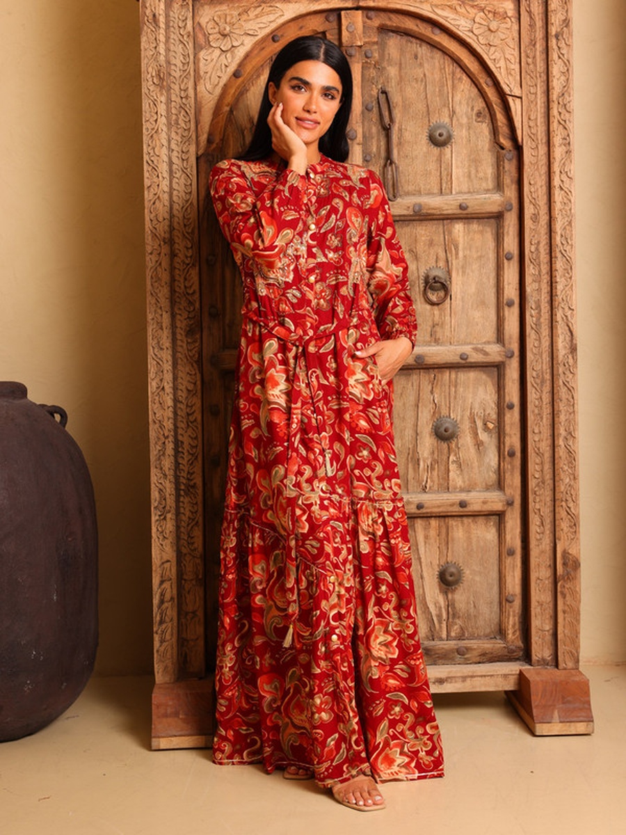 Azar Floral Print Maxi Dress with Tie-Belt