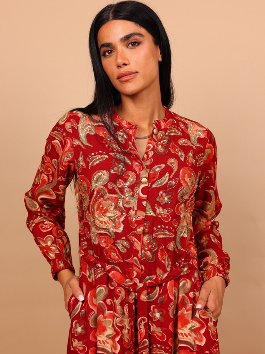 Azar Floral Print Maxi Dress with Tie-Belt