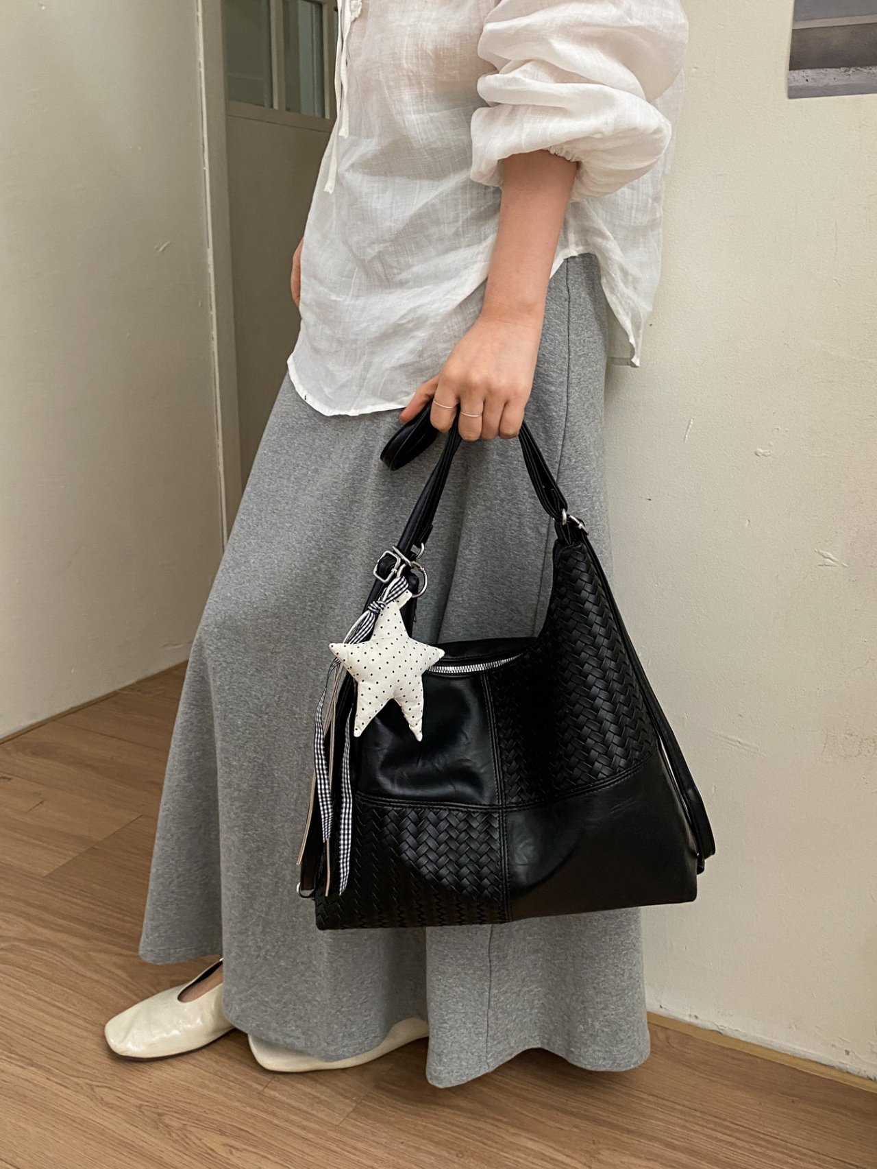 Paneled Shoulder Bag with Plush Charm