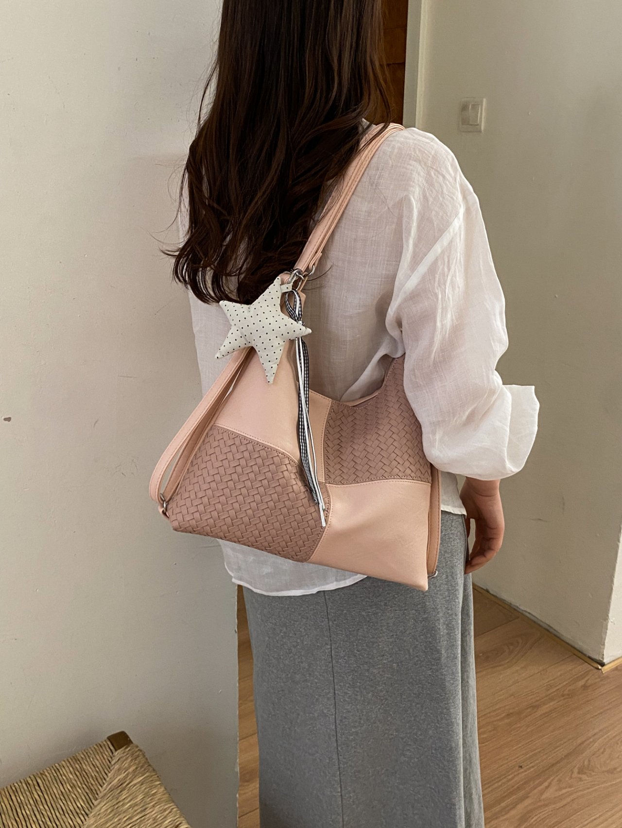 Paneled Shoulder Bag with Plush Charm