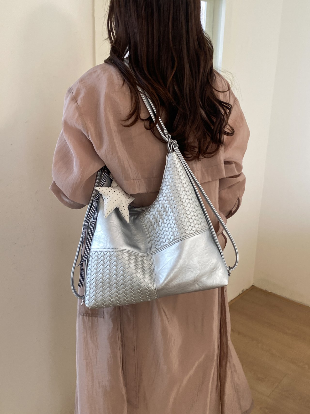 Paneled Shoulder Bag with Plush Charm