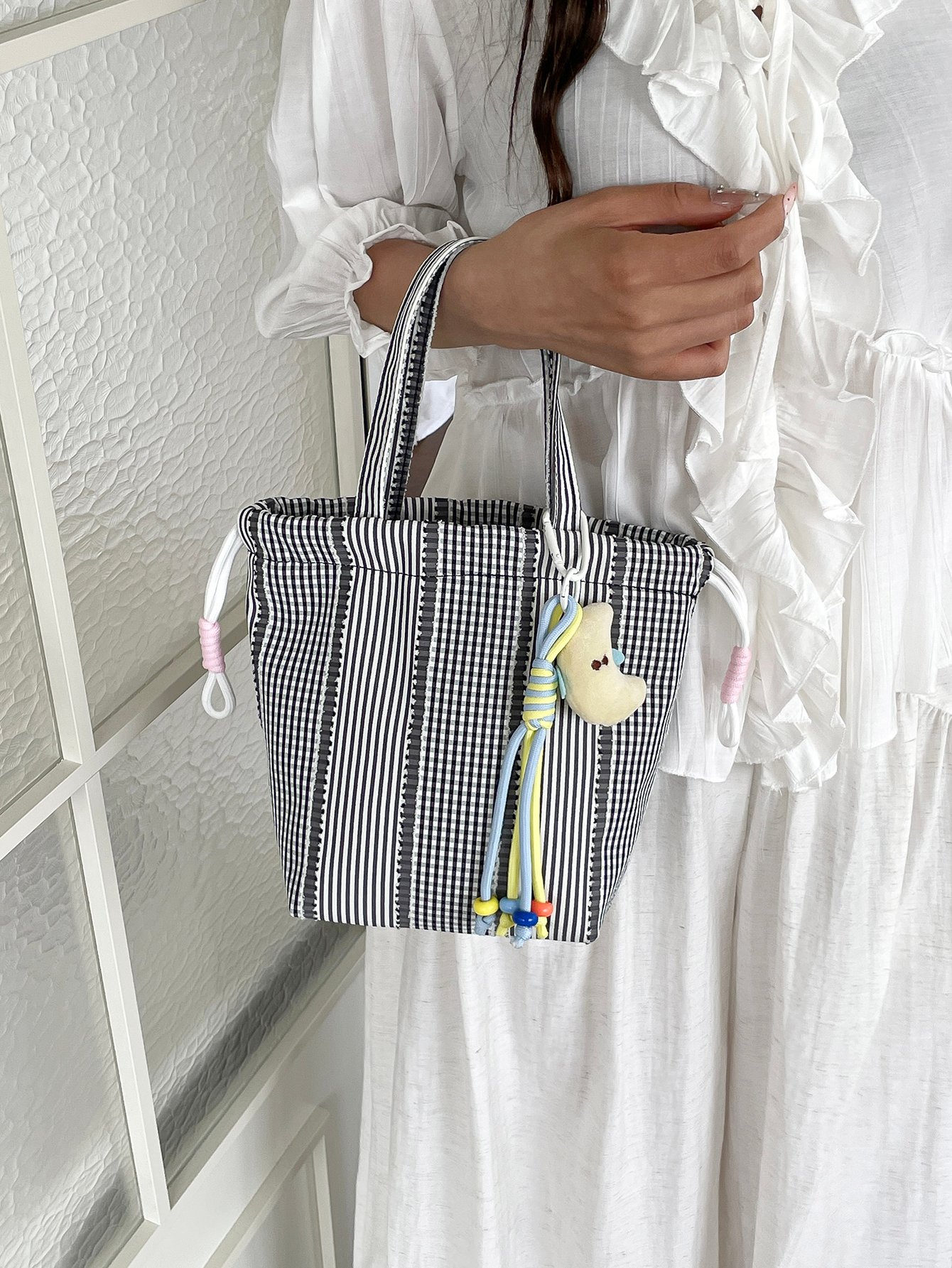 Checked Handbag with Drawstring