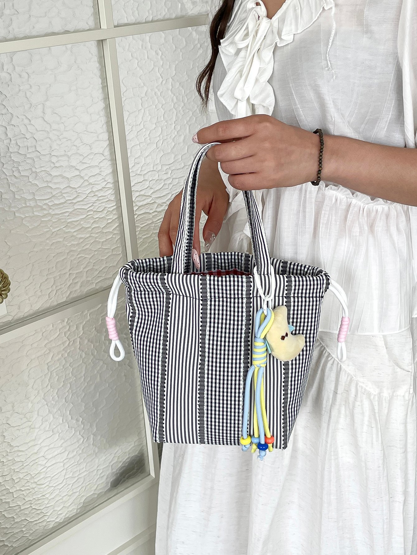 Checked Handbag with Drawstring