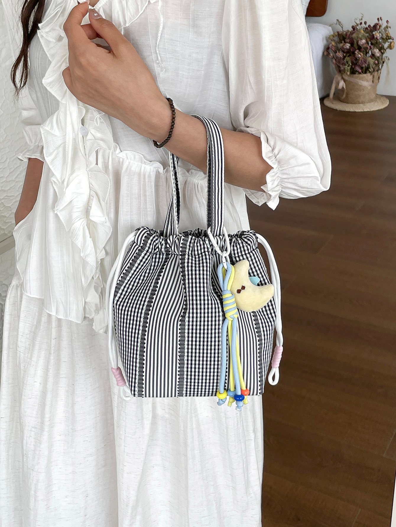 Checked Handbag with Drawstring