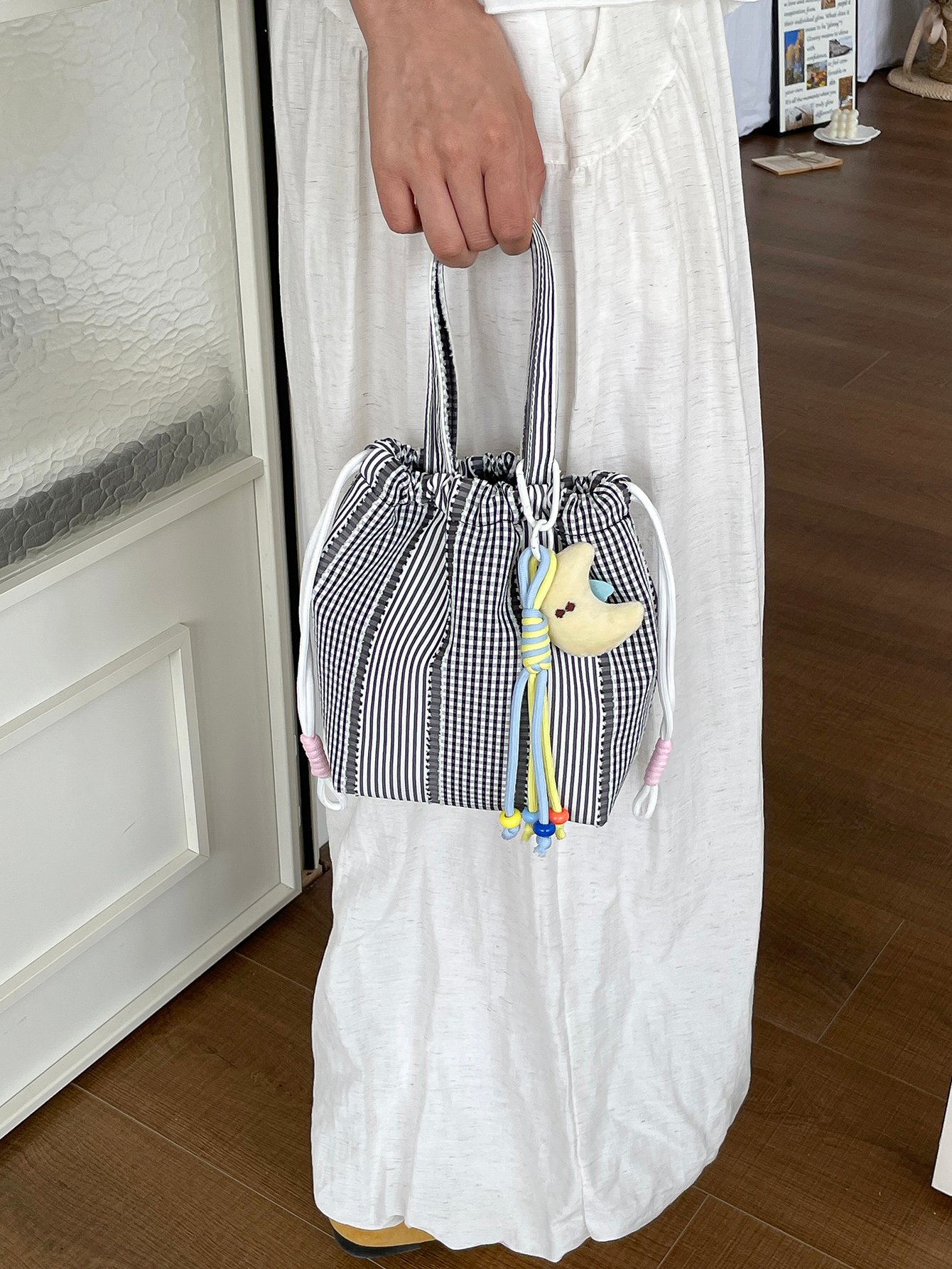 Checked Handbag with Drawstring