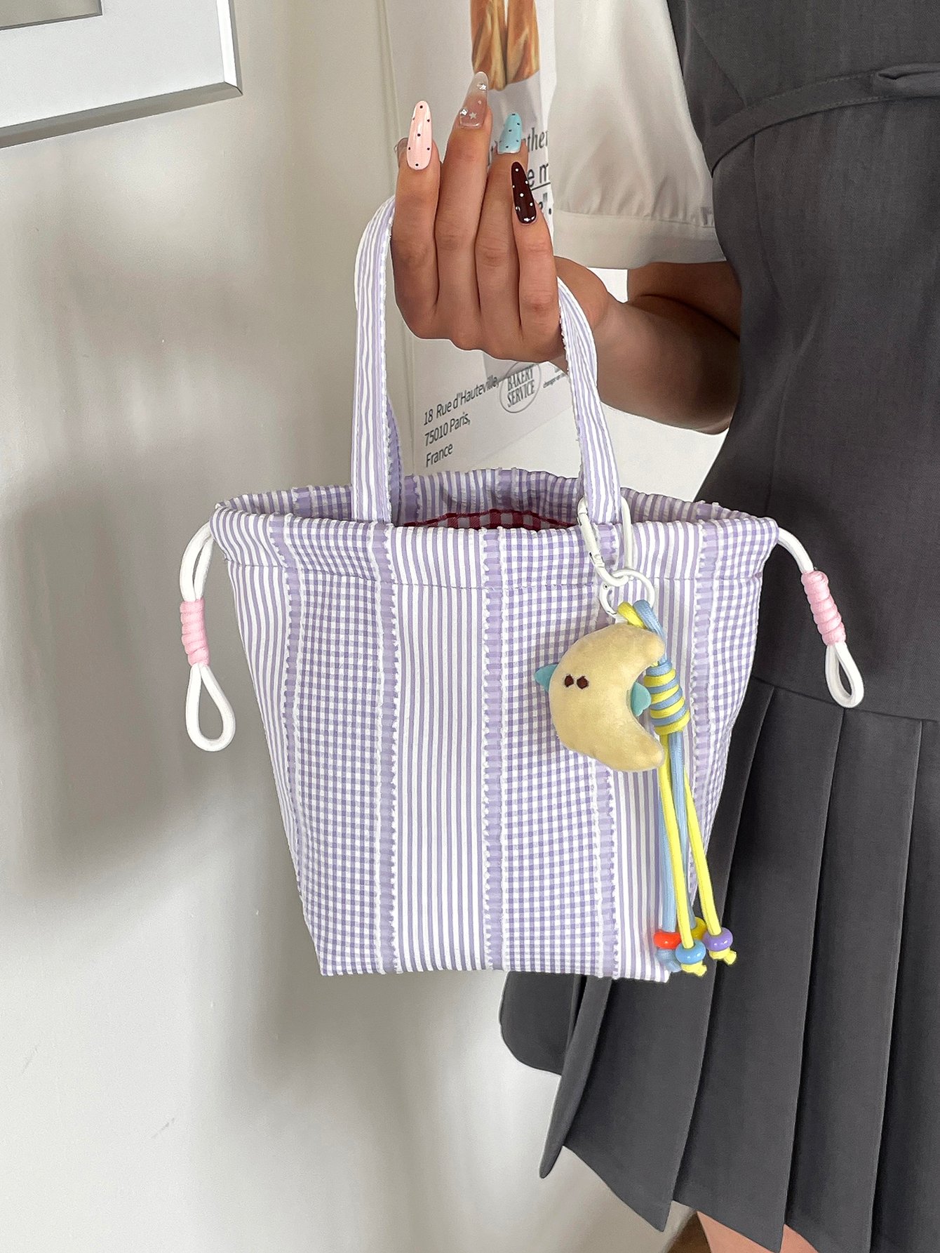 Checked Handbag with Drawstring