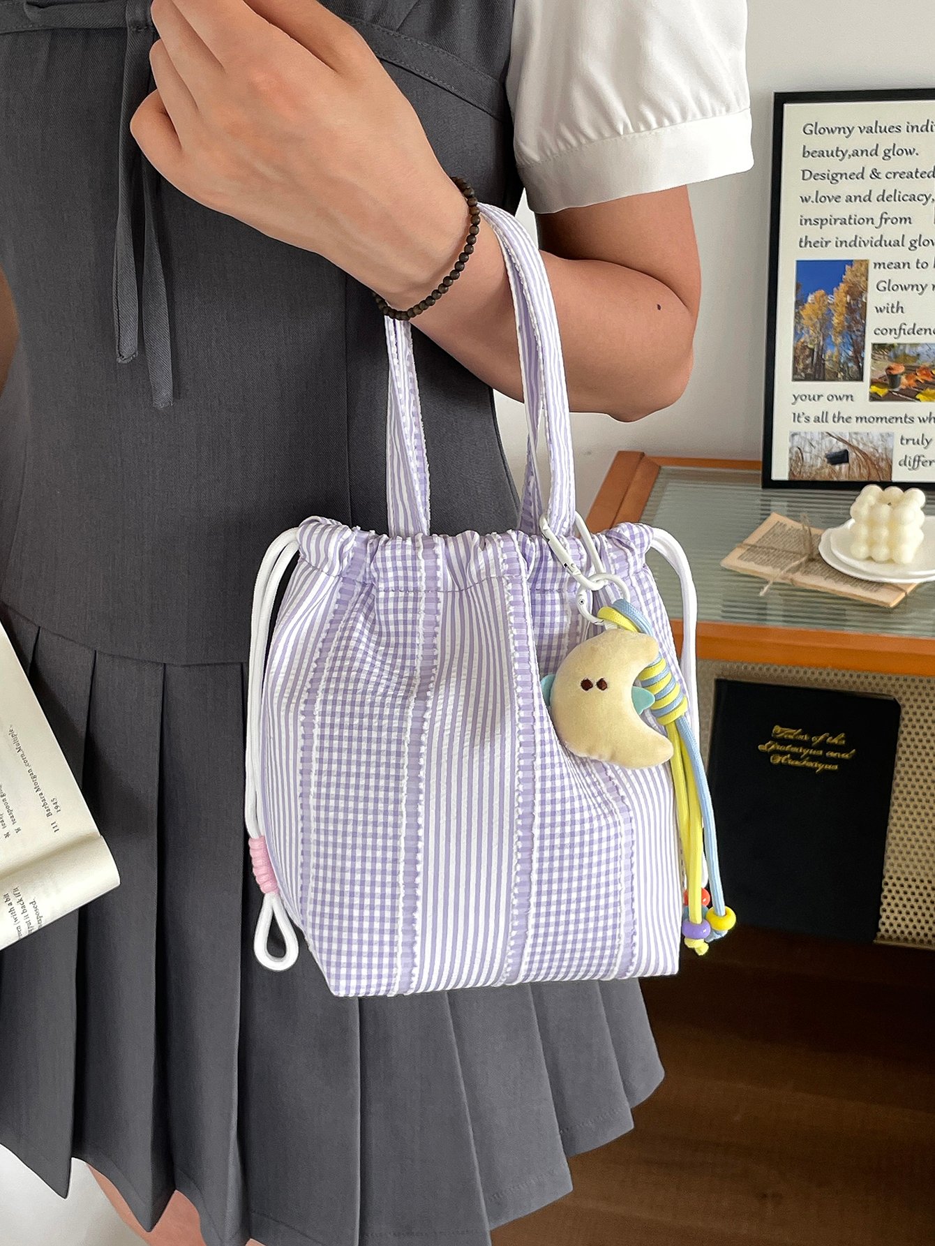 Checked Handbag with Drawstring