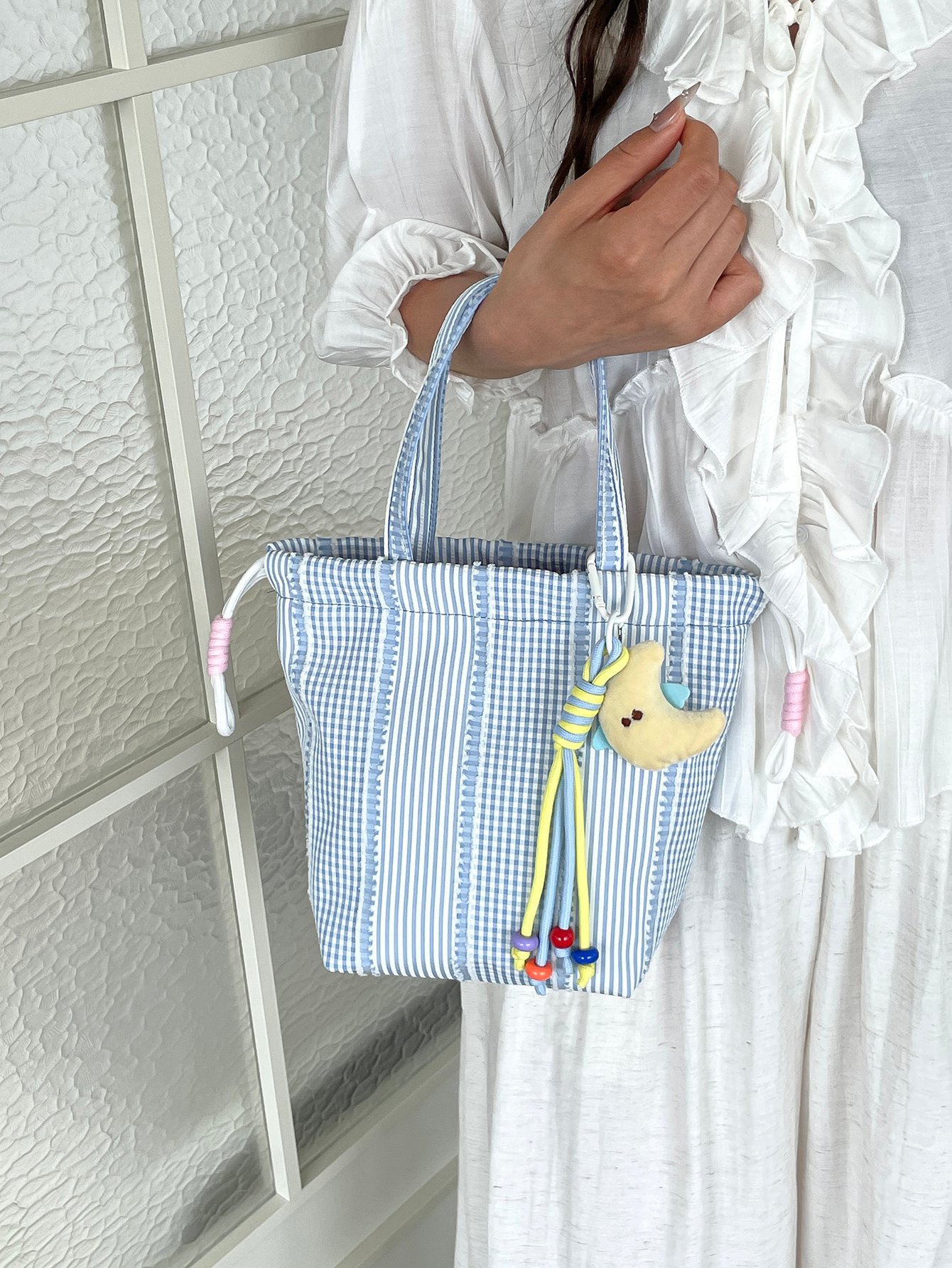 Checked Handbag with Drawstring