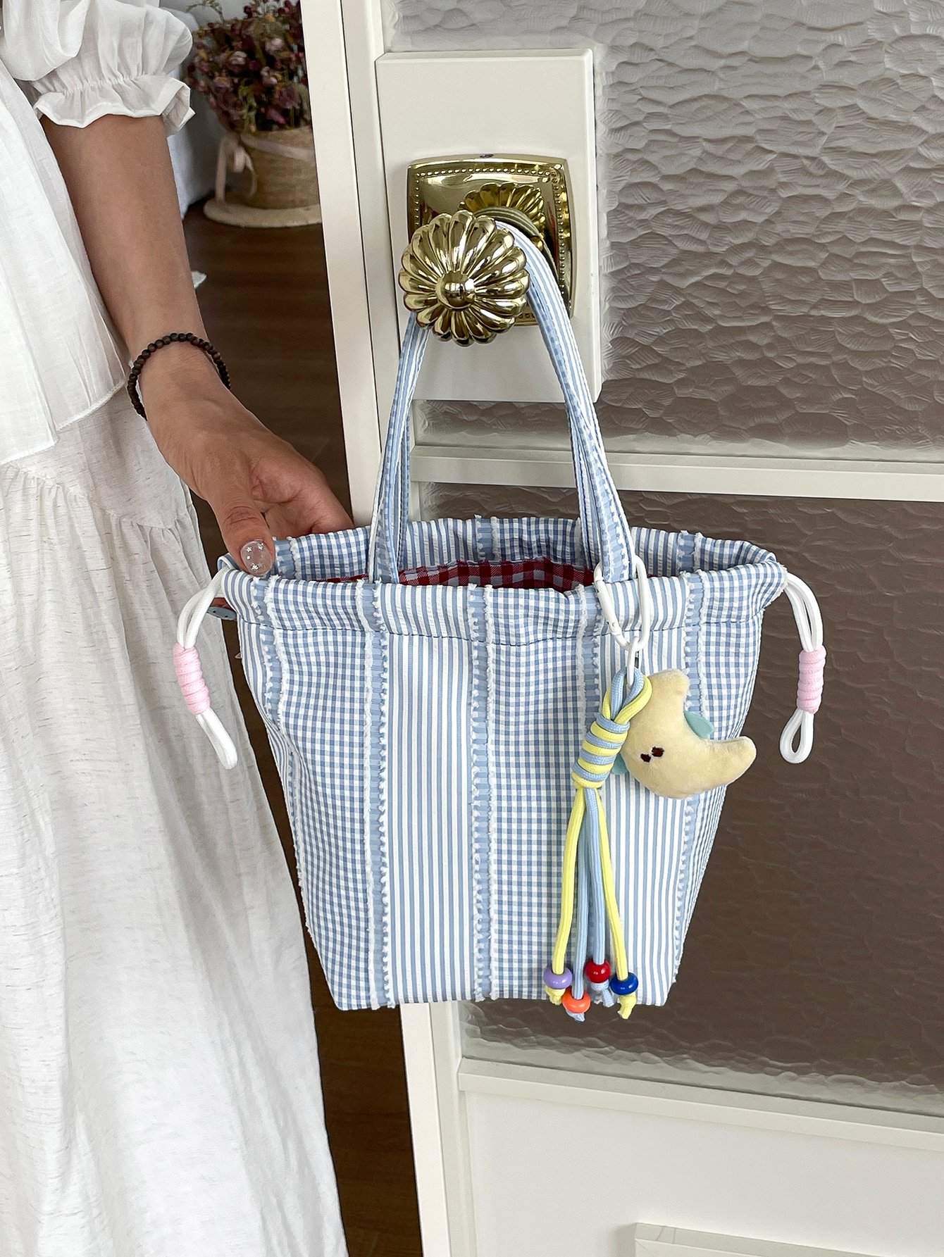 Checked Handbag with Drawstring