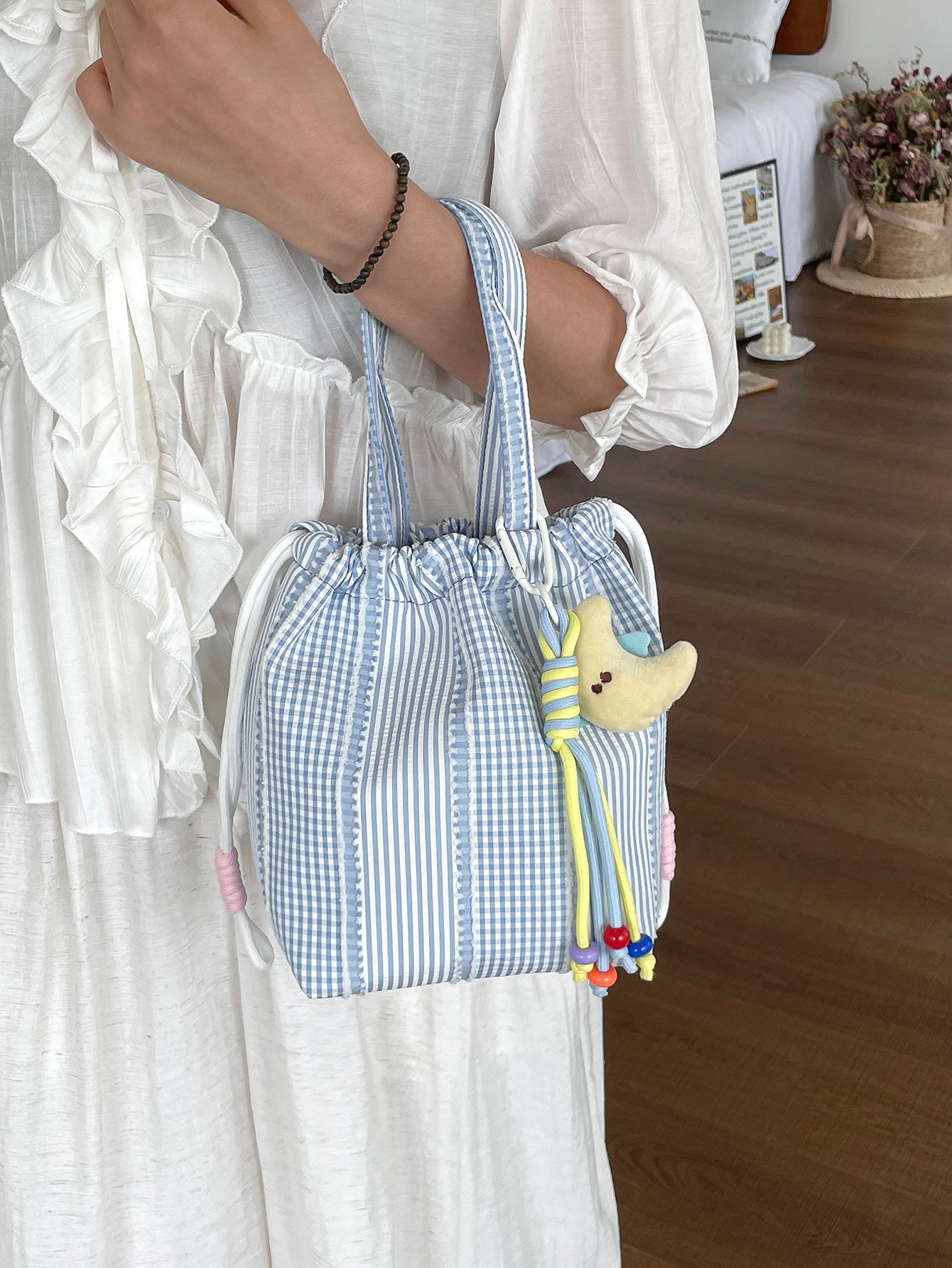 Checked Handbag with Drawstring
