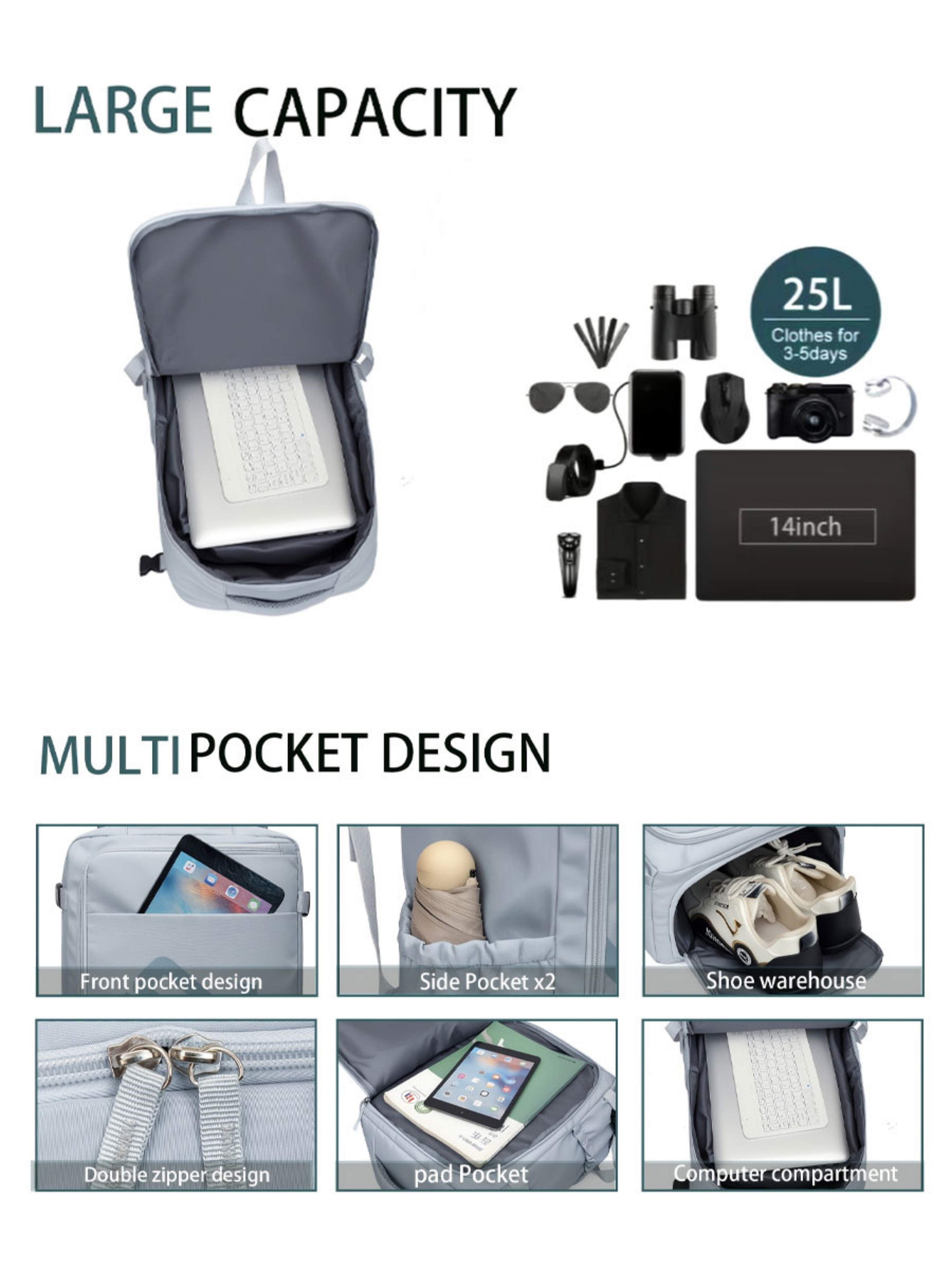 Grey Backpack with Shoe Compartment