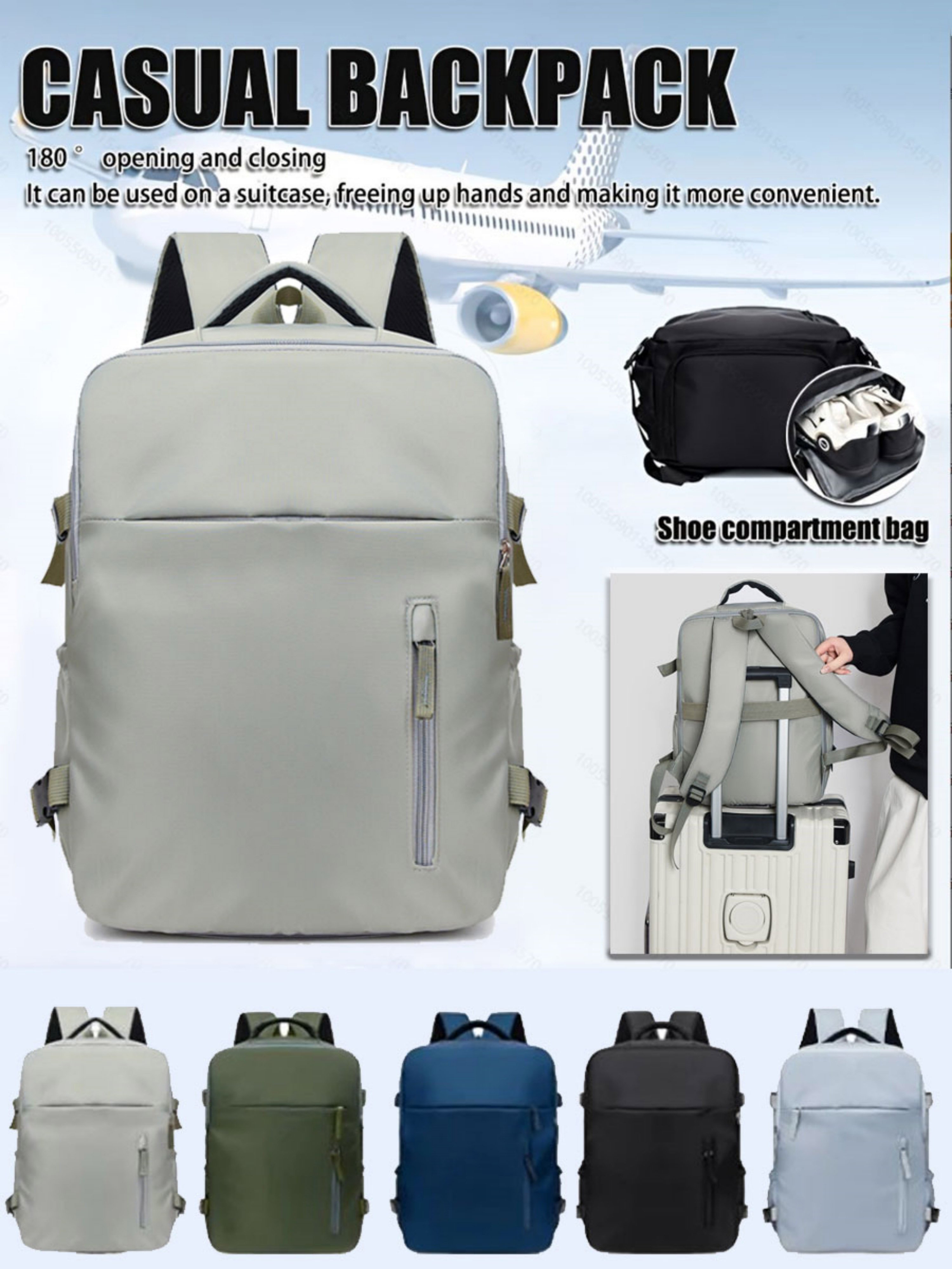 Grey Travel Backpack with Shoe Compartment