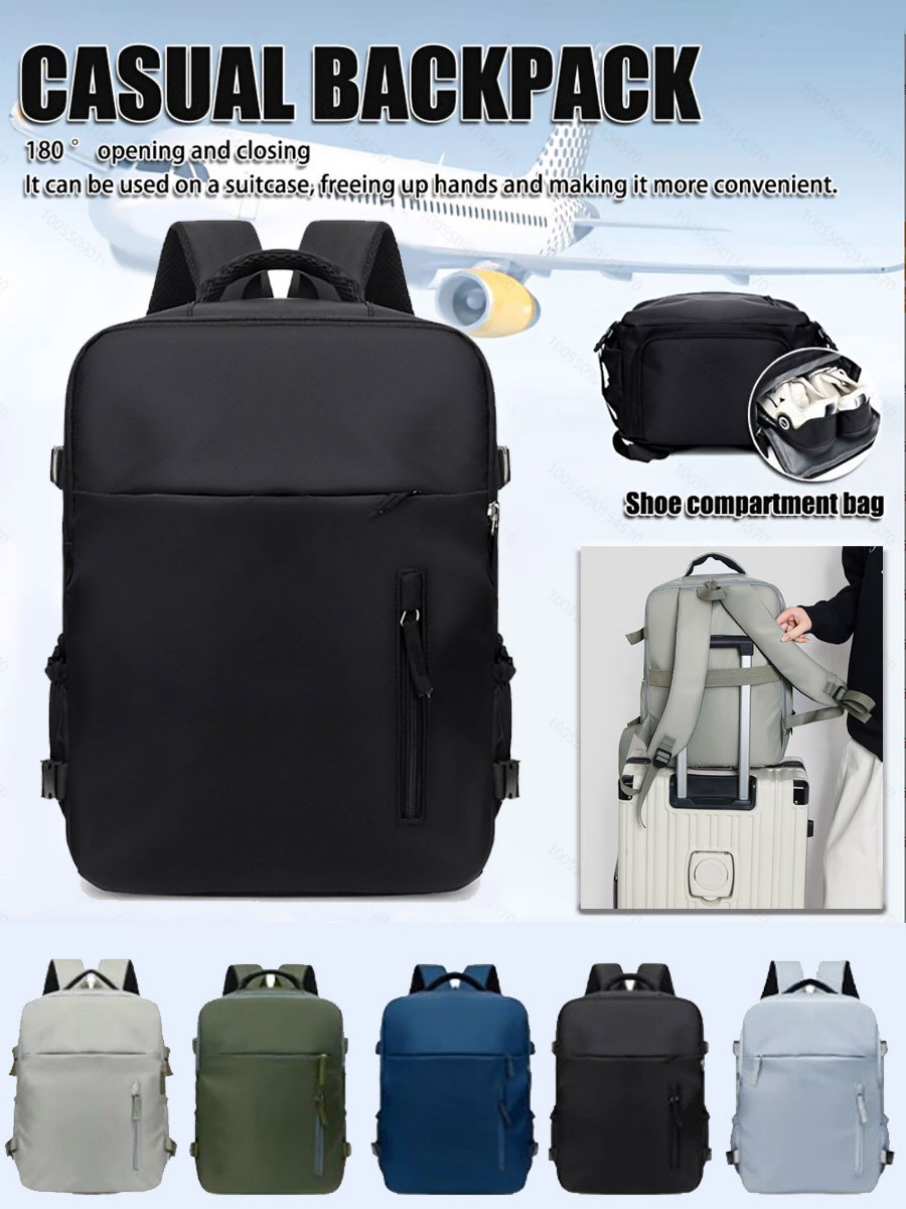Black Travel Backpack with Shoe Compartment