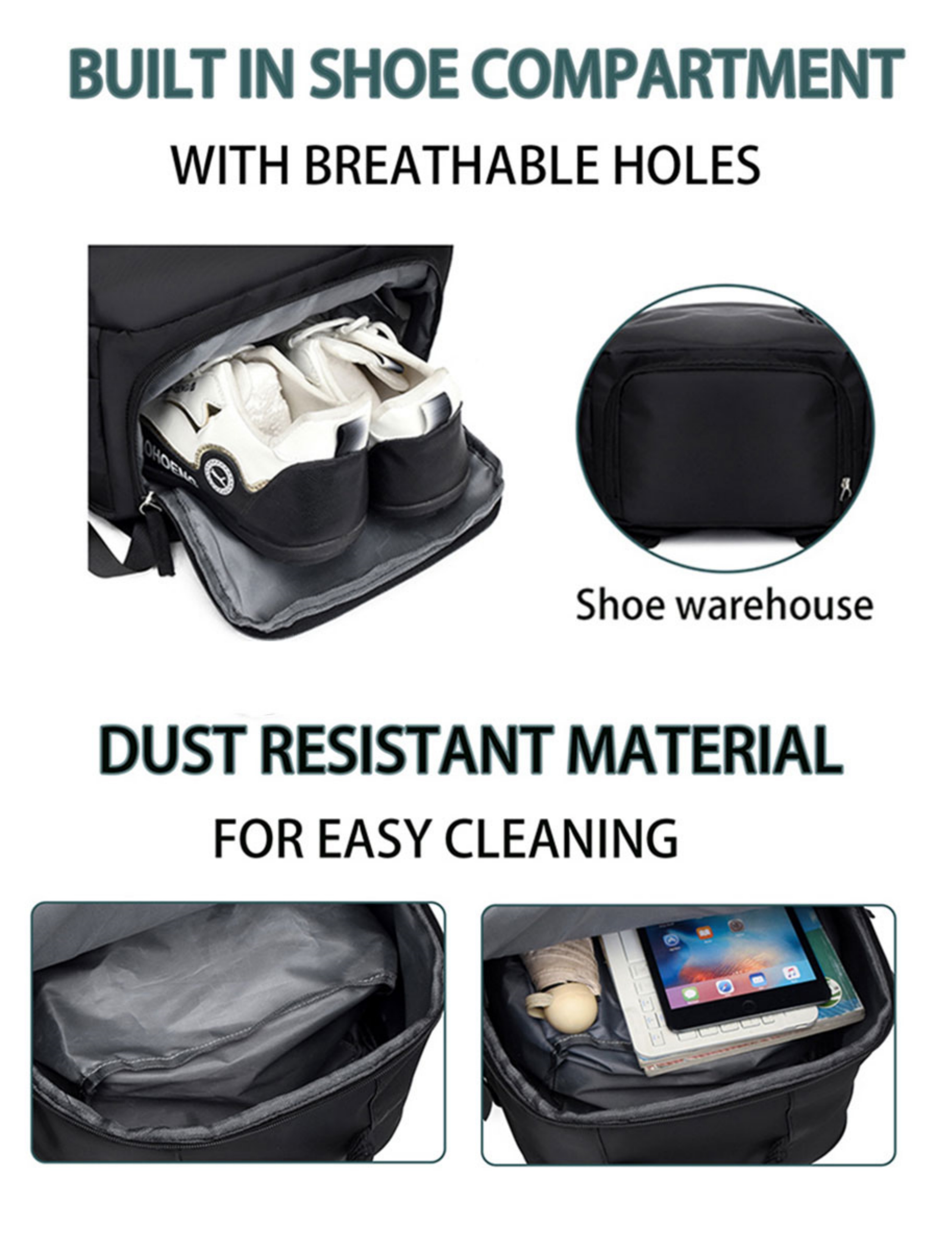 Black Travel Backpack with Shoe Compartment