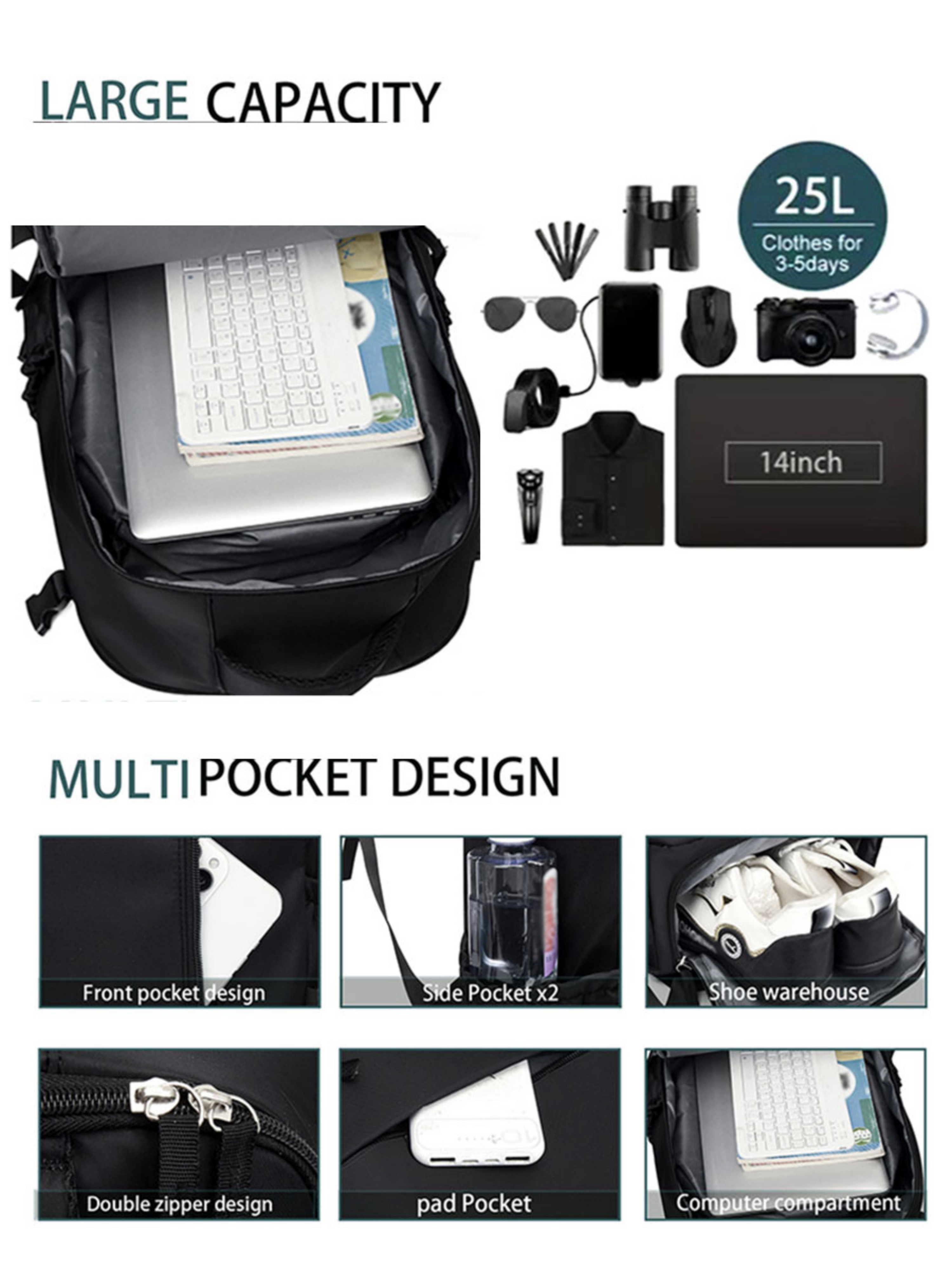 Black Travel Backpack with Shoe Compartment