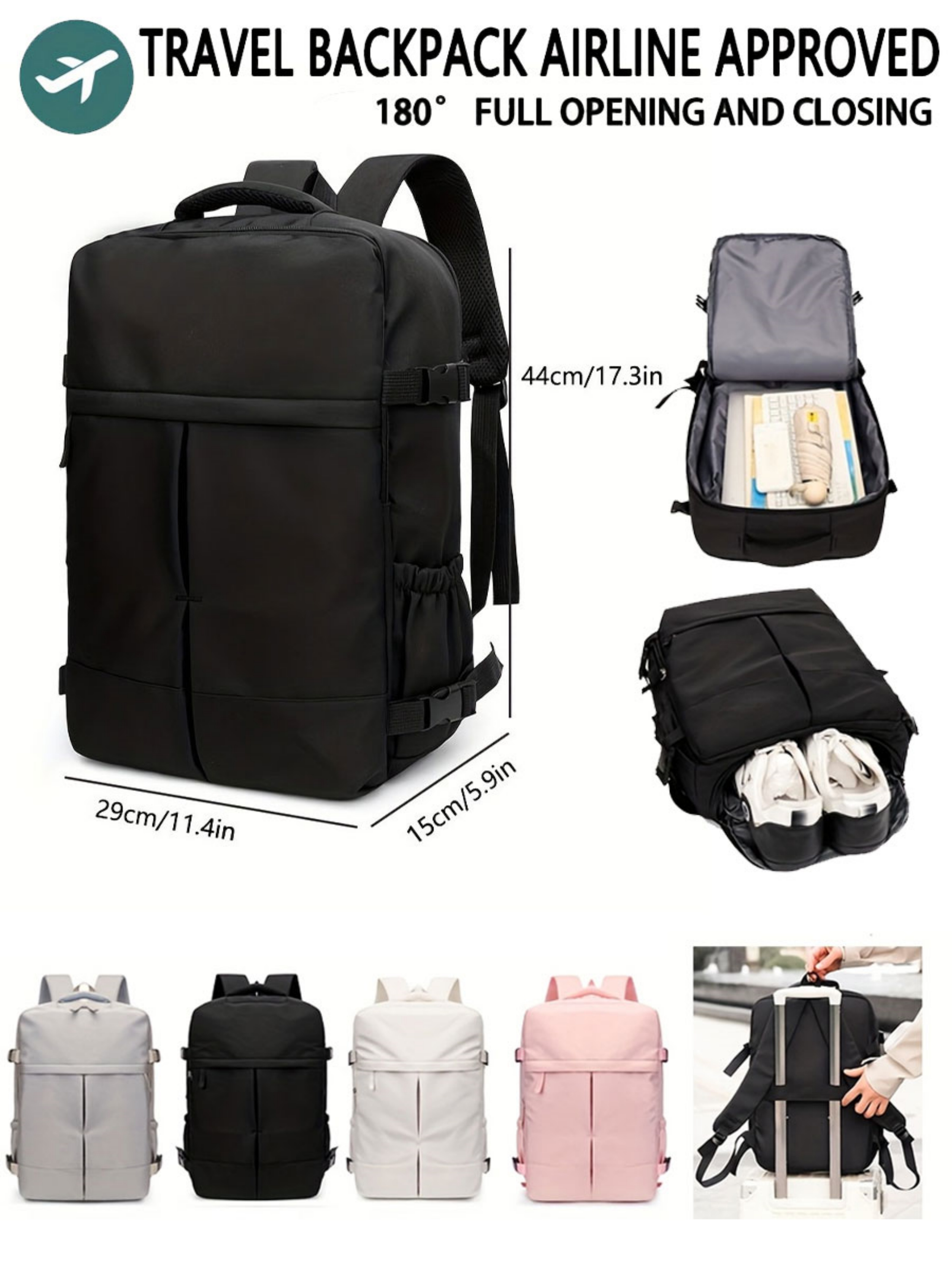 Black Travel Backpack with Shoe Compartment